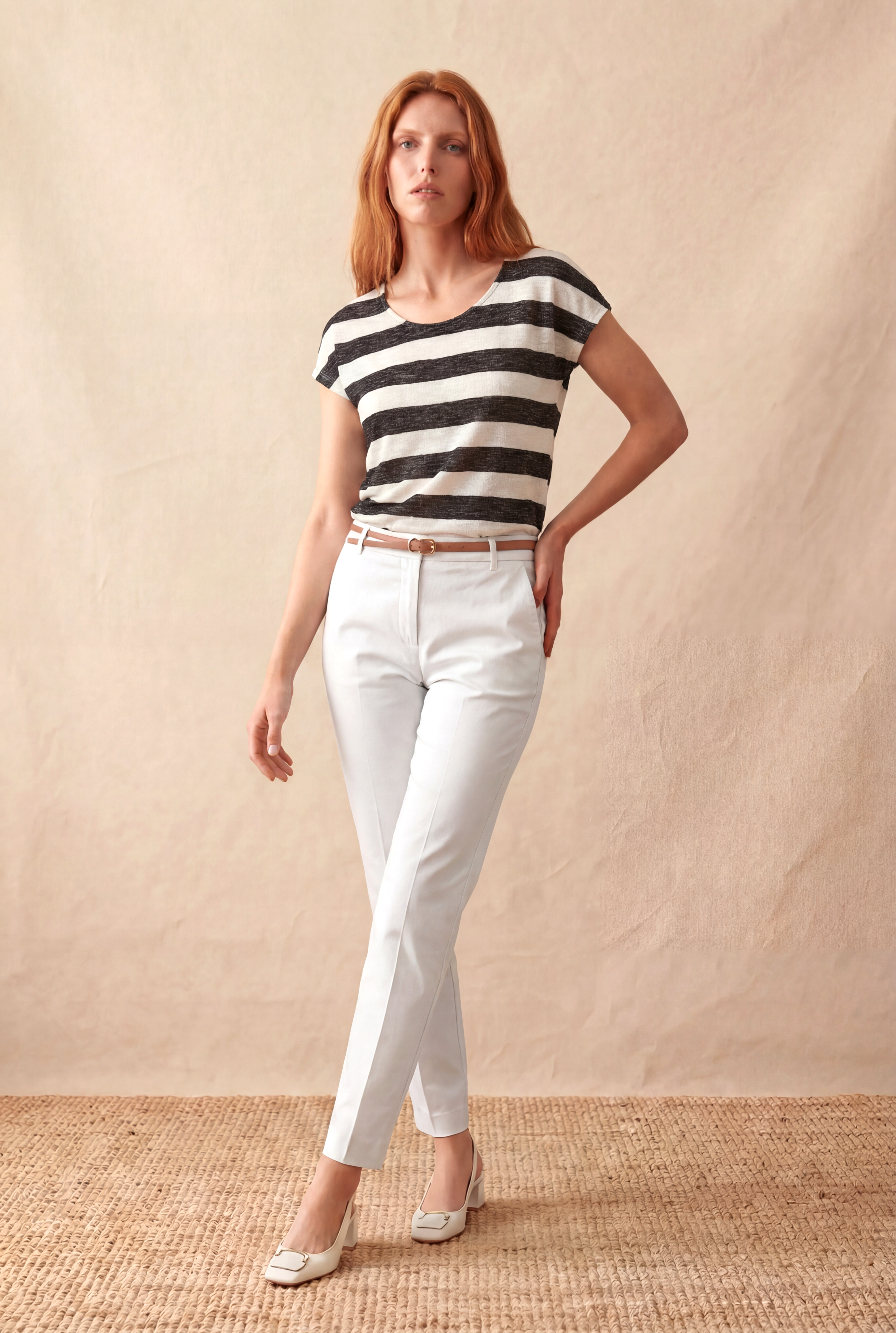 Kadın Regular Fit Bisiklet Yaka Kısa Kol Ekru / Siyah Çizgili Viskon / Elastan T-Shirt WILDA - Top - Westmark London EU(TR) Store Organik Pamuklu Sürdürülebilir Moda