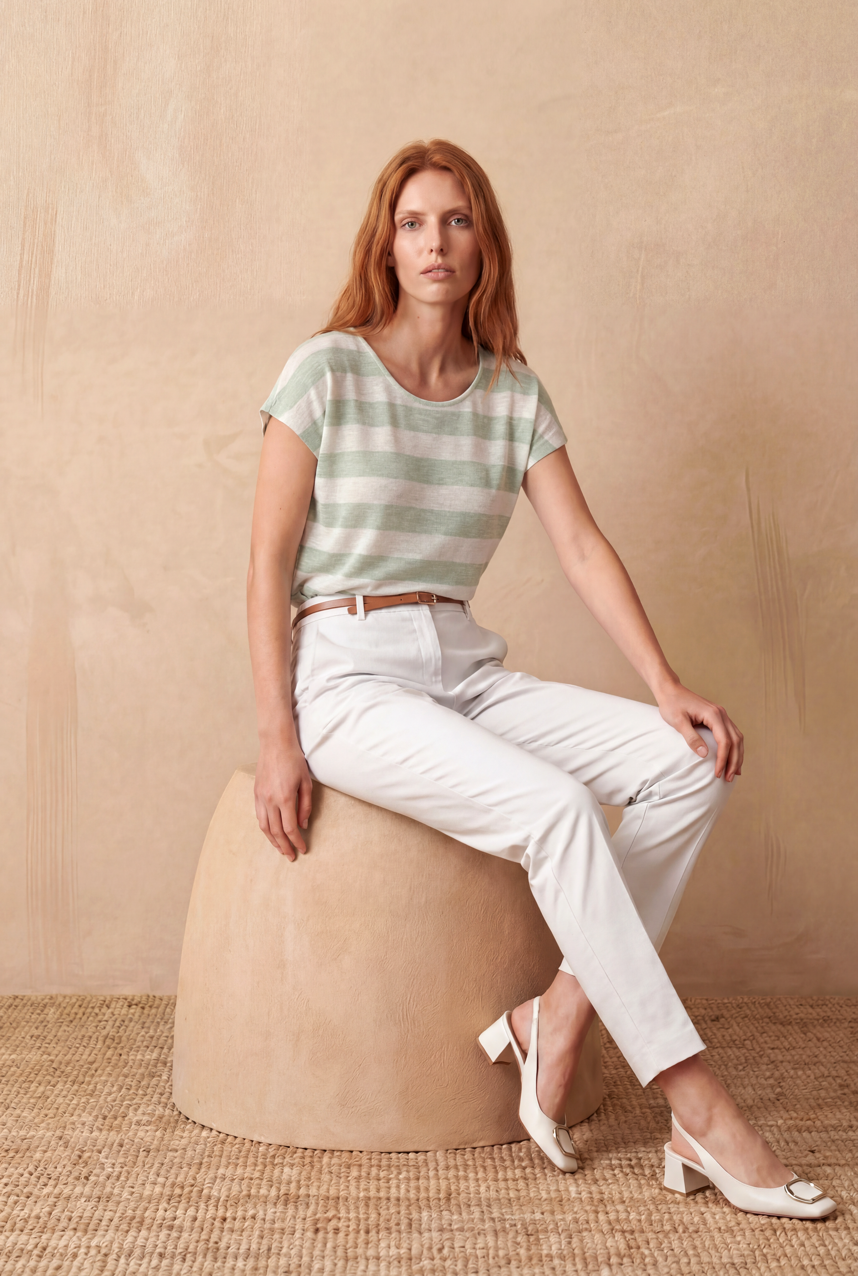 Kadın Regular Fit Bisiklet Yaka Kısa Kol Ekru / Limon Yeşili Çizgili Viskon / Elastan T-Shirt WILDA - Top - Westmark London EU(TR) Store Organik Pamuklu Sürdürülebilir Moda