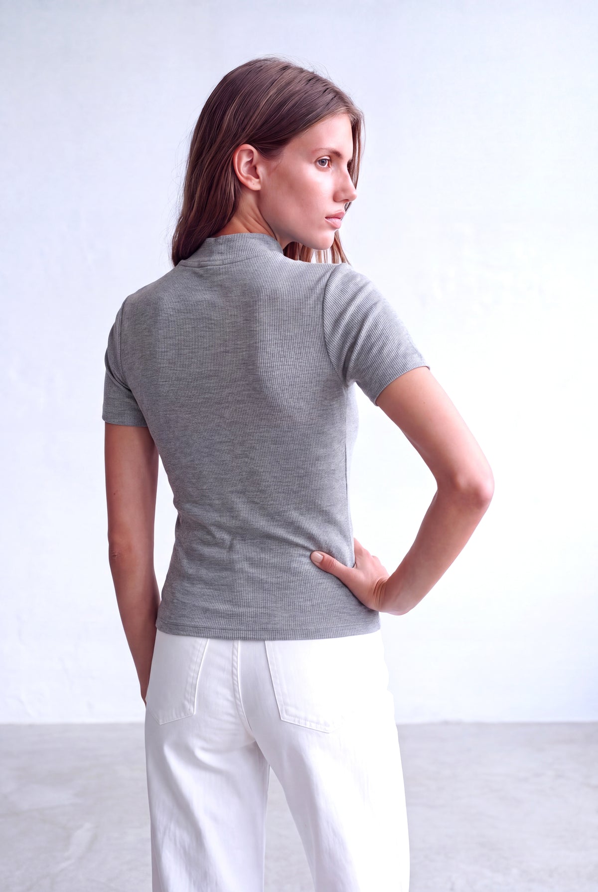 Açık Gri Melanj Kadın Açık Gri Melanj Viskon Kaşkorse Yarım Balıkçı Yaka Kısa Kollu Bluz EVIE - Top - Westmark London EU(TR) Store Organik Pamuklu Sürdürülebilir Moda