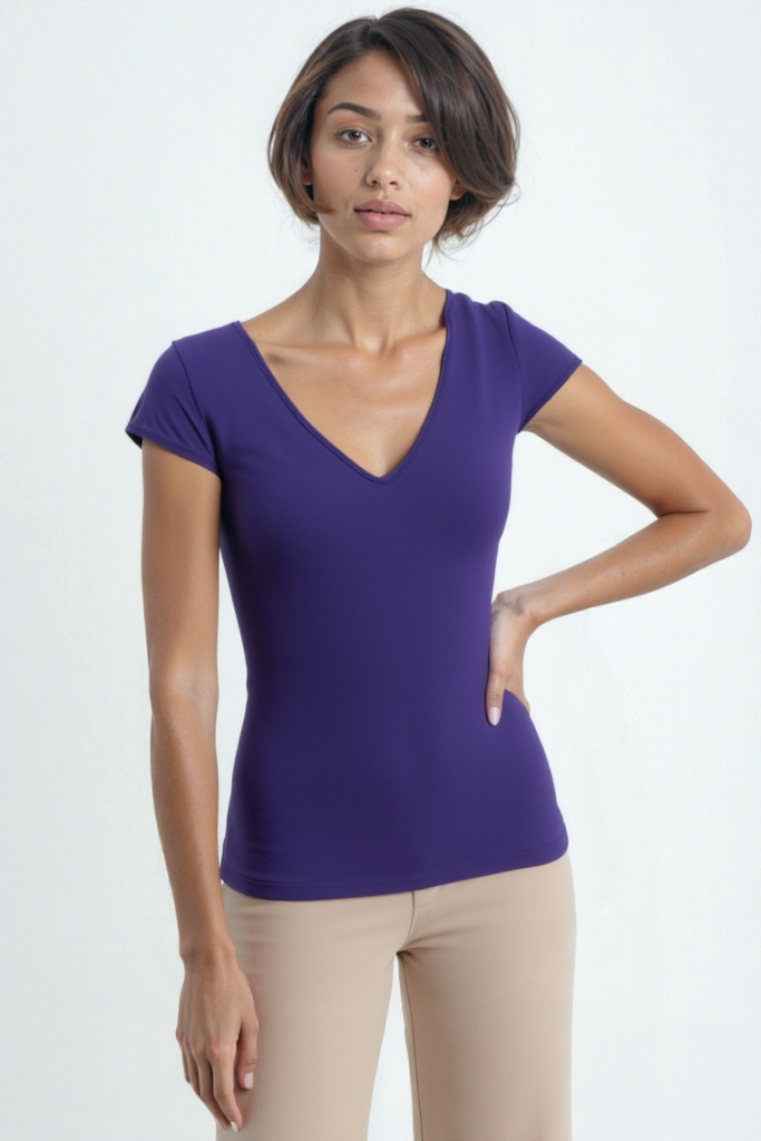 Mor V Yaka Kısa Kollu Kadın T-Shirt VALLI V-NECK S/S TOP