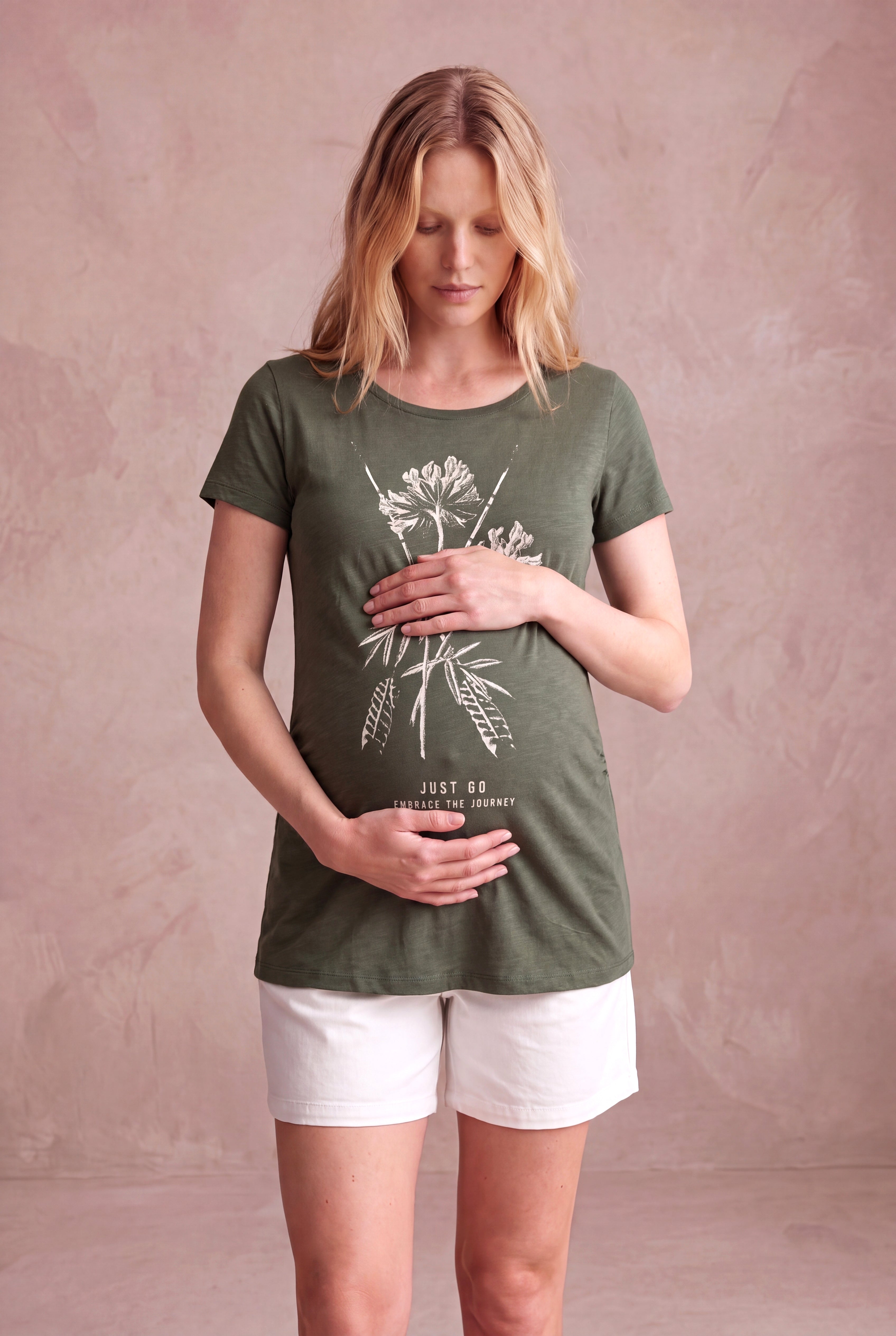 Hamile Koyu Yeşil %100 Pamuk Bisiklet Yaka Kısa Kollu Baskılı T-Shirt DANI