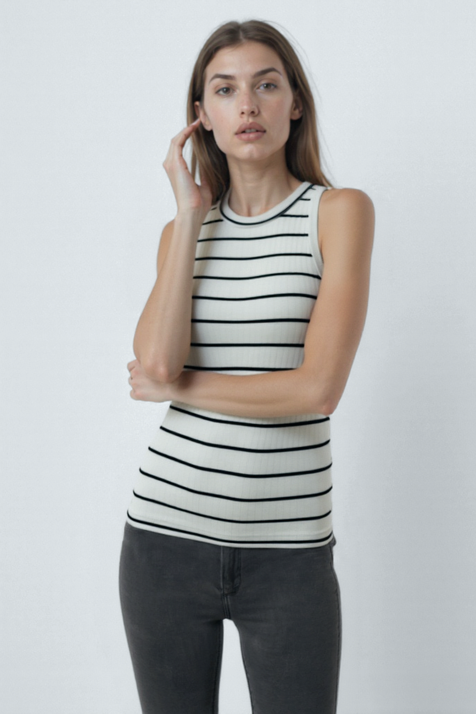 Siyah Beyaz Çizgili Bisiklet Yaka Kolsuz Kadın T-Shirt POPPY TOP - Tops - Westmark London EU(TR) Store Organik Pamuklu Sürdürülebilir Moda