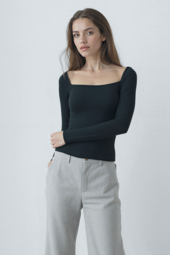 Siyah Melanj Kare Yaka Uzun Kollu Kadın Crop Body CECILIA CROP TOP - Blouse - Westmark London EU(TR) Store Organik Pamuklu Sürdürülebilir Moda