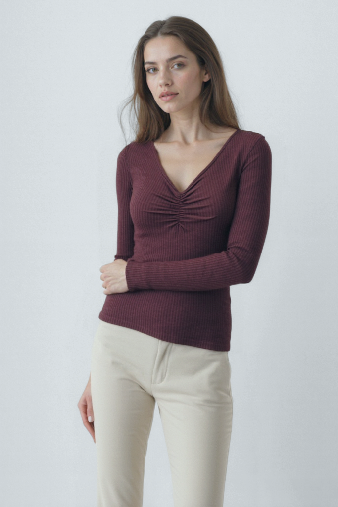 Bordo V Yaka Uzun Kollu Kadın Bluz OTTILIE TOP - Blouse - Westmark London EU(TR) Store Organik Pamuklu Sürdürülebilir Moda