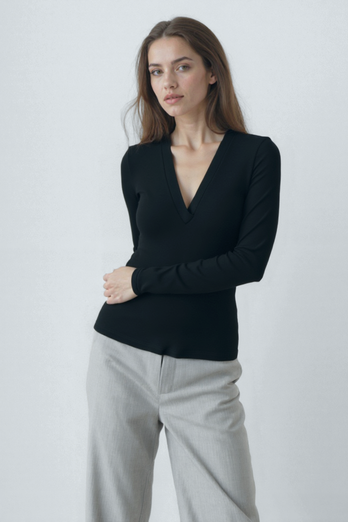 Mürekkep Siyahı V Yaka Uzun Kollu Kadın Bluz VIOLA TOP - Blouse - Westmark London EU(TR) Store Organik Pamuklu Sürdürülebilir Moda