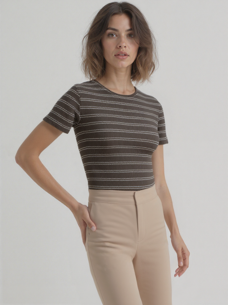 Kahve Bej Çizgili Bisiklet Yaka Kısa Kollu Kadın Crop T-Shirt SANDY S/S TOP