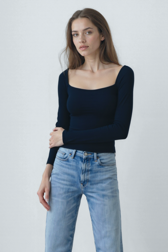 Lacivert Kare Yaka Uzun Kollu Kadın Crop Body CECILIA CROP TOP - Blouse - Westmark London EU(TR) Store Organik Pamuklu Sürdürülebilir Moda