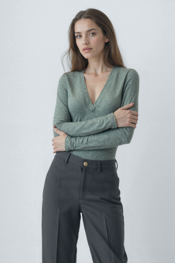 Gri Melanj V Yaka Uzun Kollu Kadın Bluz VIOLA TOP - Blouse - Westmark London EU(TR) Store Organik Pamuklu Sürdürülebilir Moda
