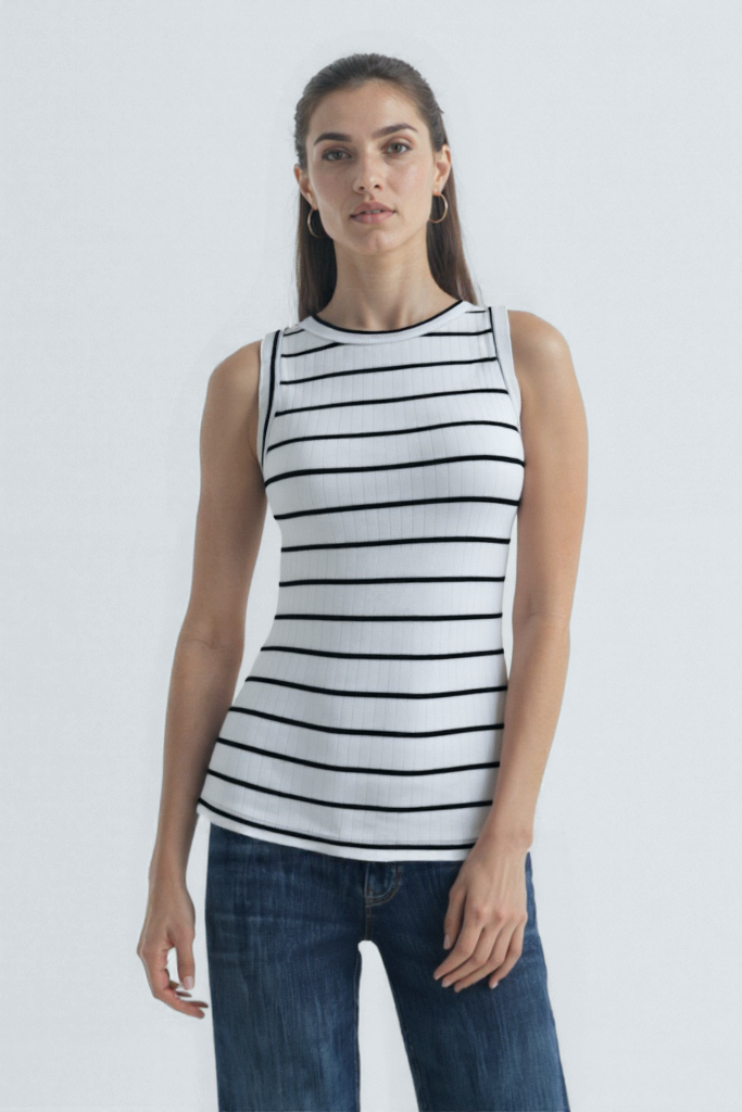 Beyaz Siyah Çizgili Bisiklet Yaka Kolsuz Kadın T-Shirt POPPY TOP - Tops - Westmark London EU(TR) Store Organik Pamuklu Sürdürülebilir Moda