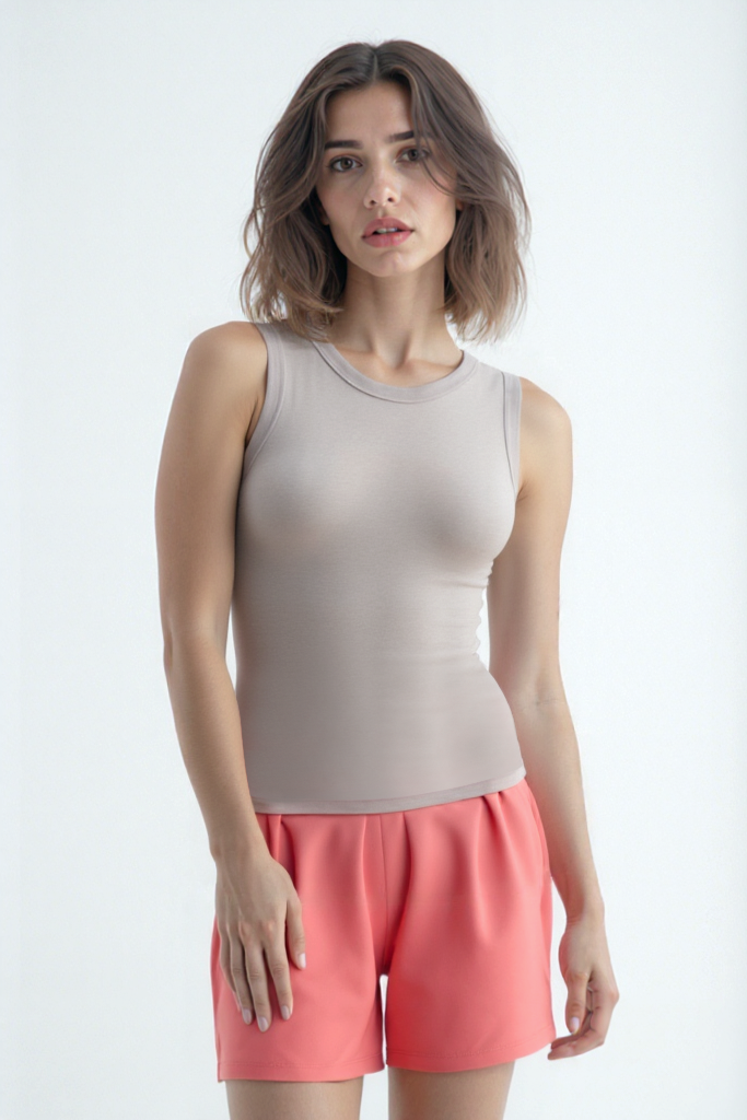 Açık Pembe Bisiklet Yaka Modal Kolsuz Kadın T-Shirt SHARON S/L RIB TOP