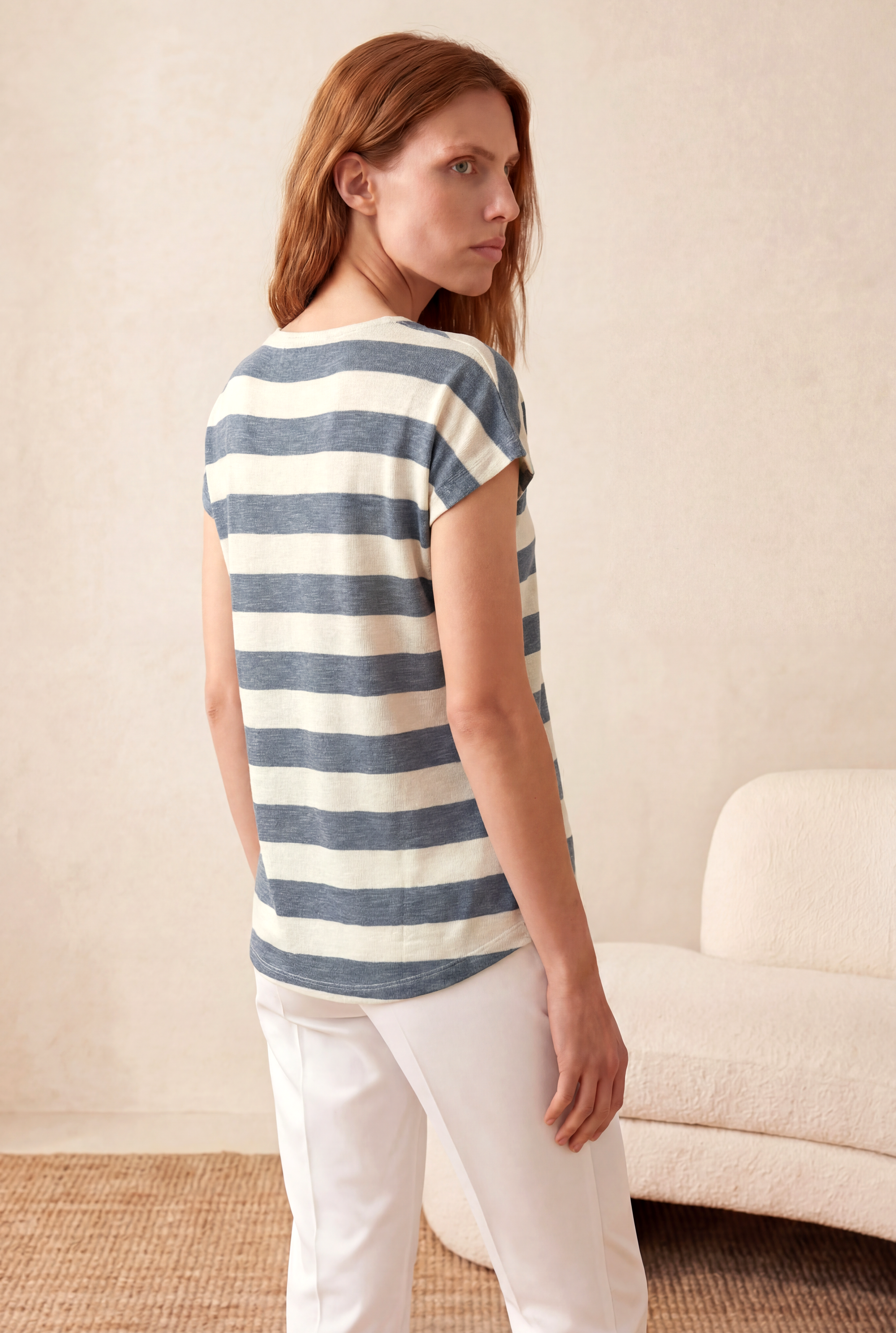 Kadın Regular Fit Bisiklet Yaka Kısa Kol Ekru / Mdumanlı Mavi Çizgili Viskon / Elastan T-Shirt WILDA - Top - Westmark London EU(TR) Store Organik Pamuklu Sürdürülebilir Moda