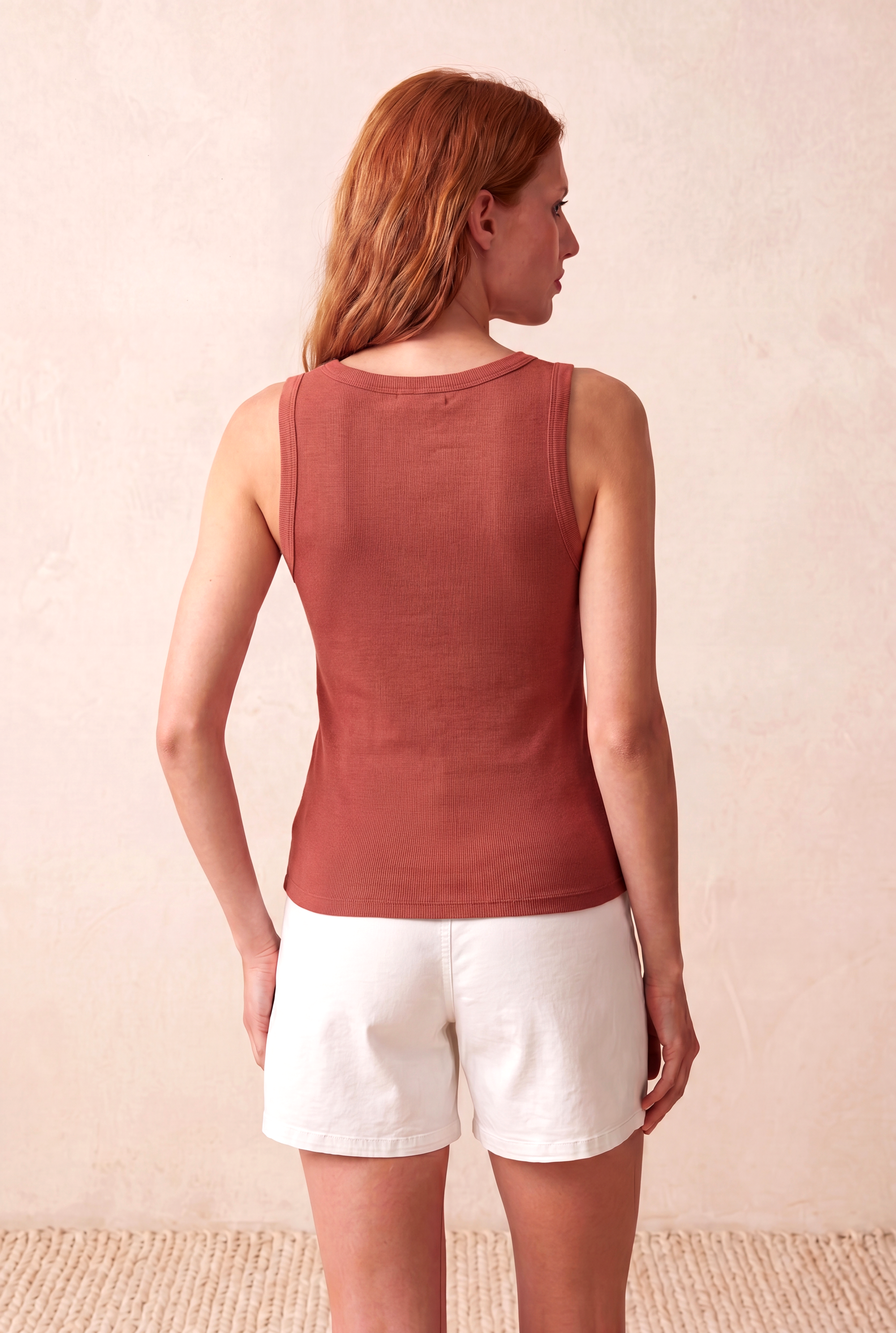 Kadın Mercan Fitilli Ribana Regular Fit Bisiklet Yaka Kolsuz T-Shirt HELENA