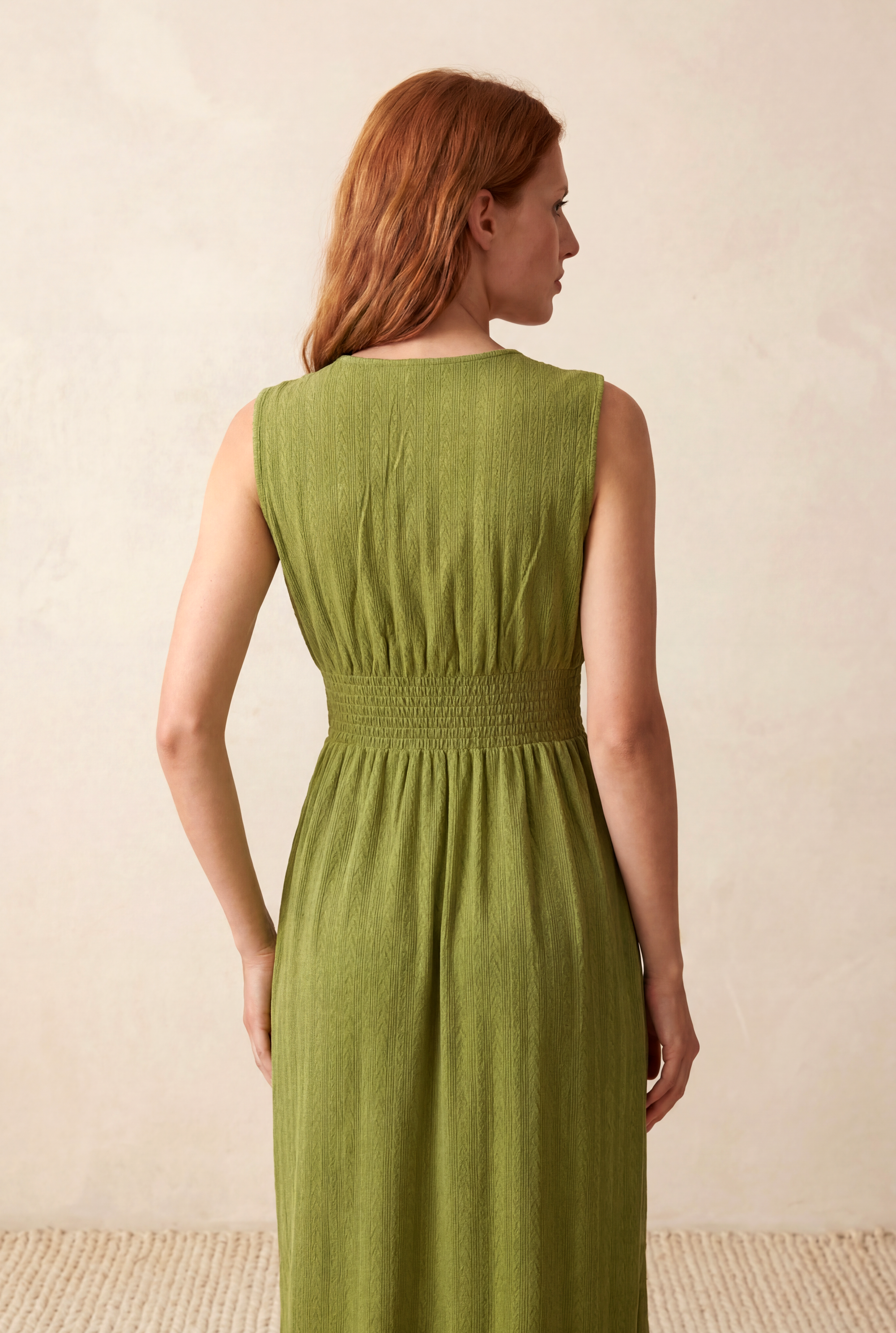Kadın Regular Fit Bisiklet Yaka Kısa Kollu Yeşil Dokulu Pamuk Midi Elbise MARA - Dress - Westmark London EU(TR) Store Organik Pamuklu Sürdürülebilir Moda