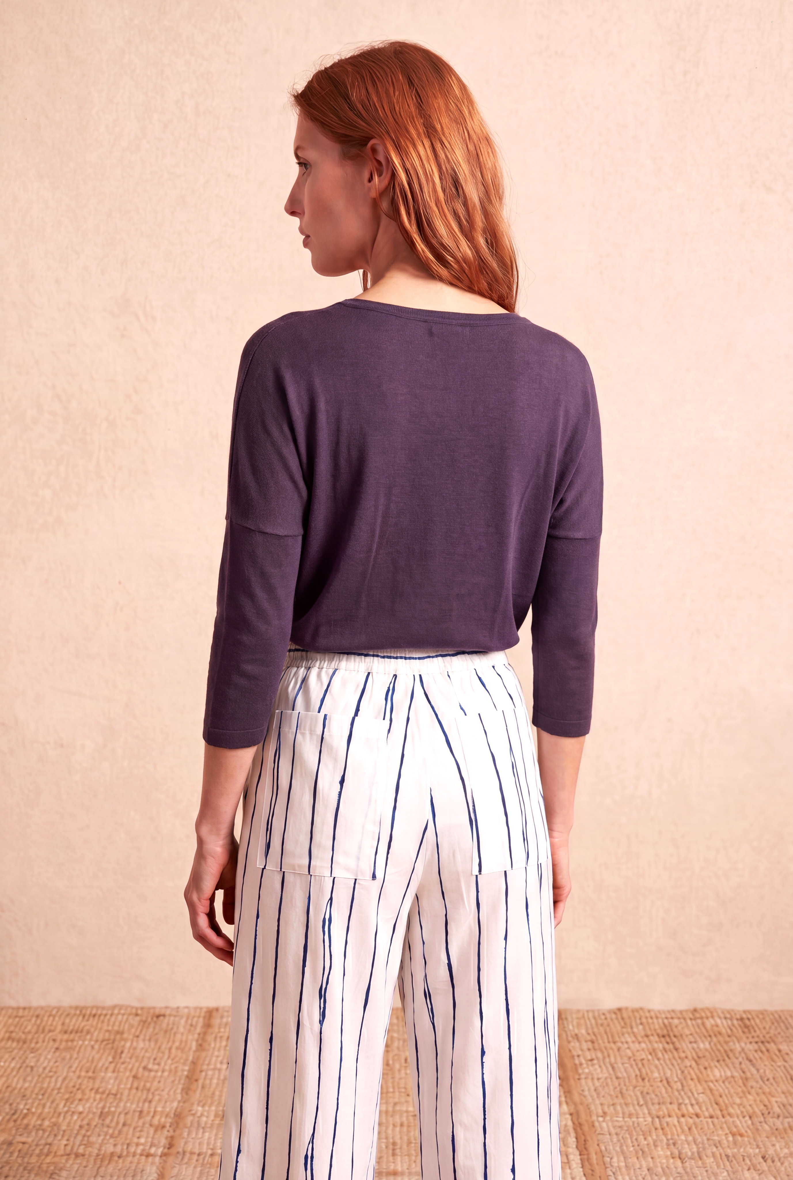 Kadın Mor Viskon Relaxed Fit Bisiklet Yaka 3/4 Kol Düşük Omuz Bluz LIA
