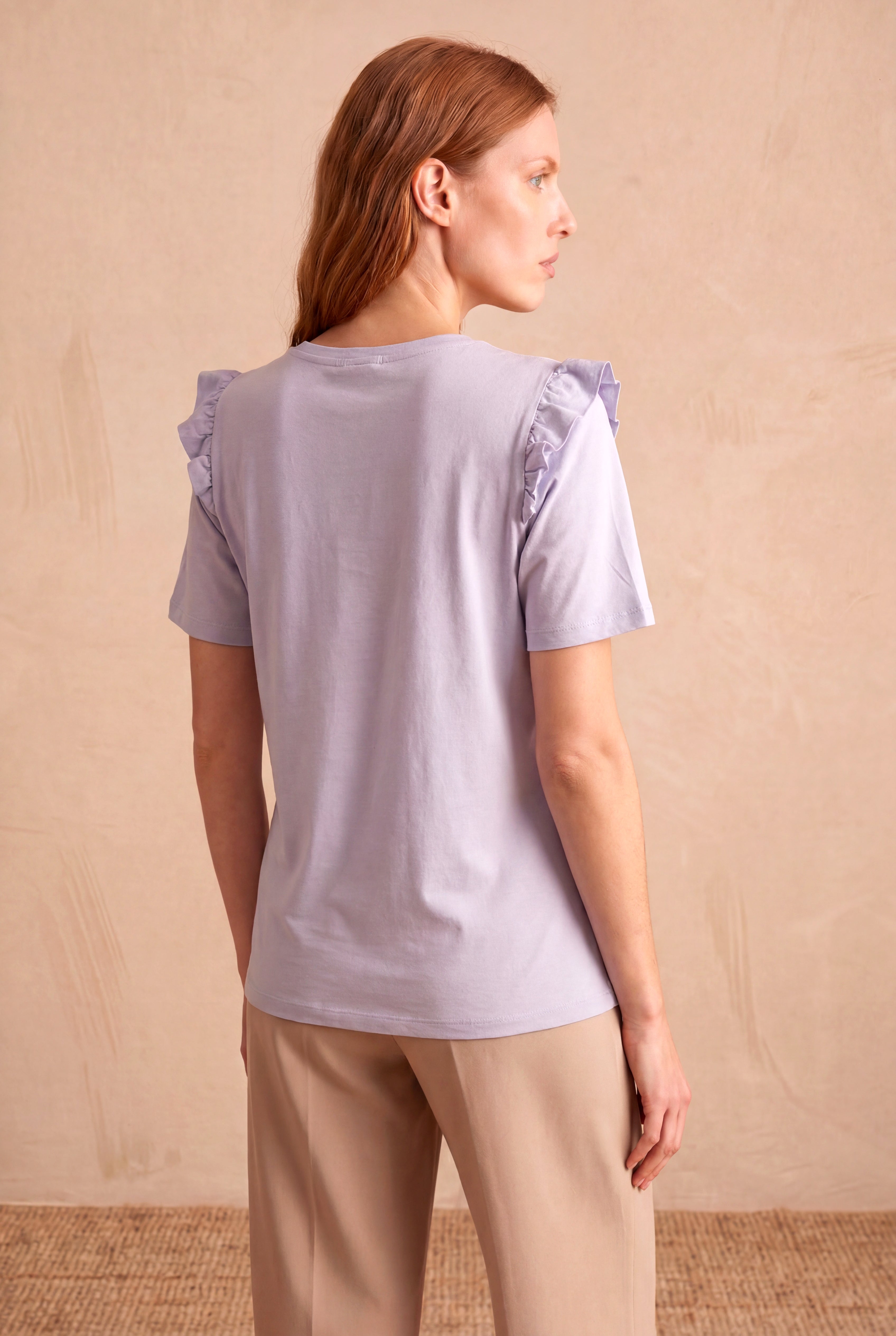 Kadın Lila %100 Pamuk Regular Fit Bisiklet Yaka Kısa Kollu Fırfır Omuz Detaylı T-Shirt TERESA