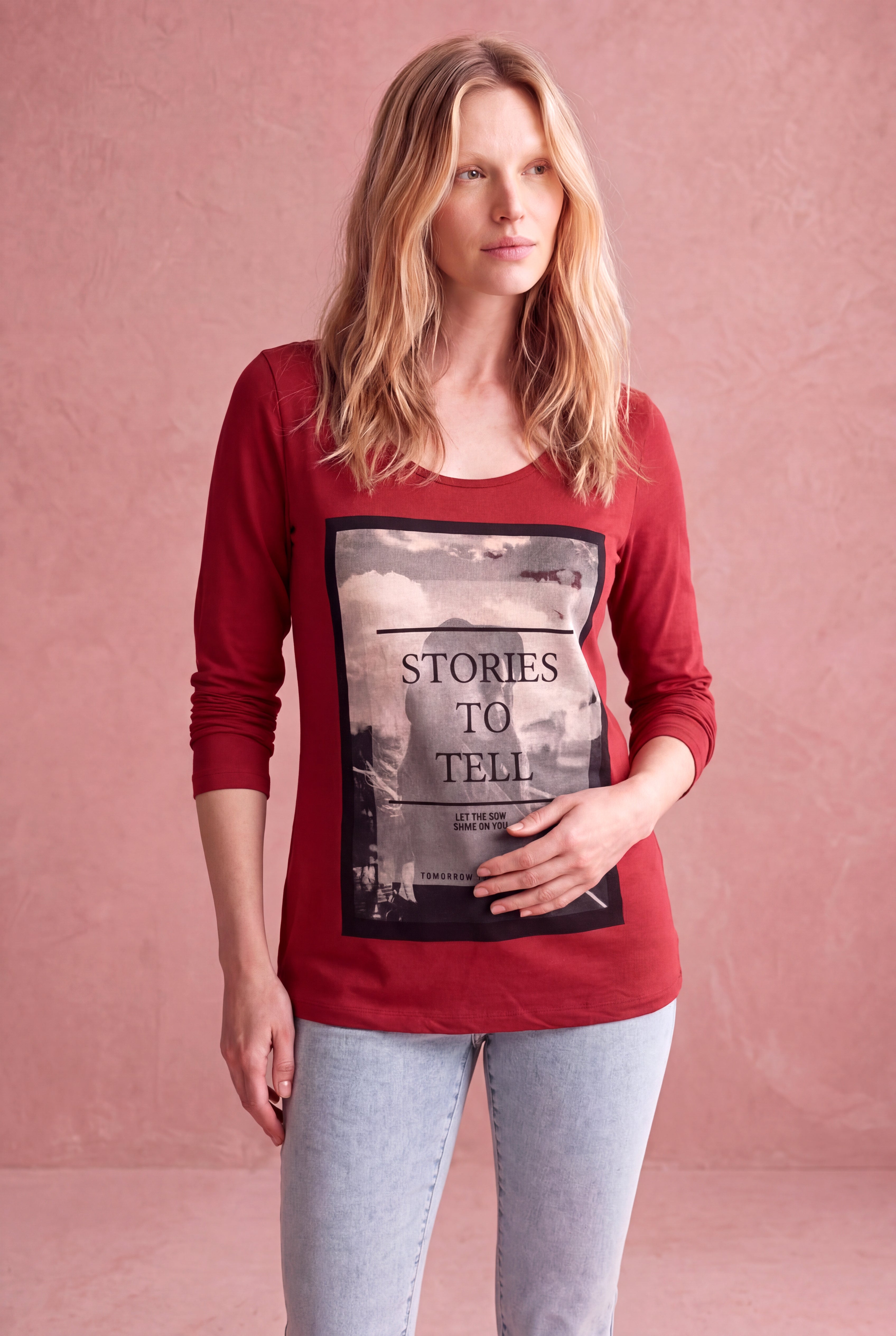 Hamile Kırmızı Pamuklu Bisiklet Yaka Uzun Kollu Baskılı T-Shirt ILA