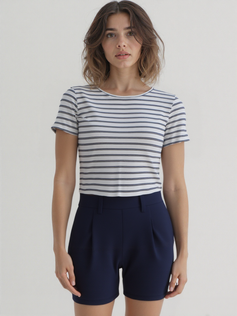 Ekru Mavi Çizgili Bisiklet Yaka Kısa Kollu Kadın Crop T-Shirt SANDY S/S TOP