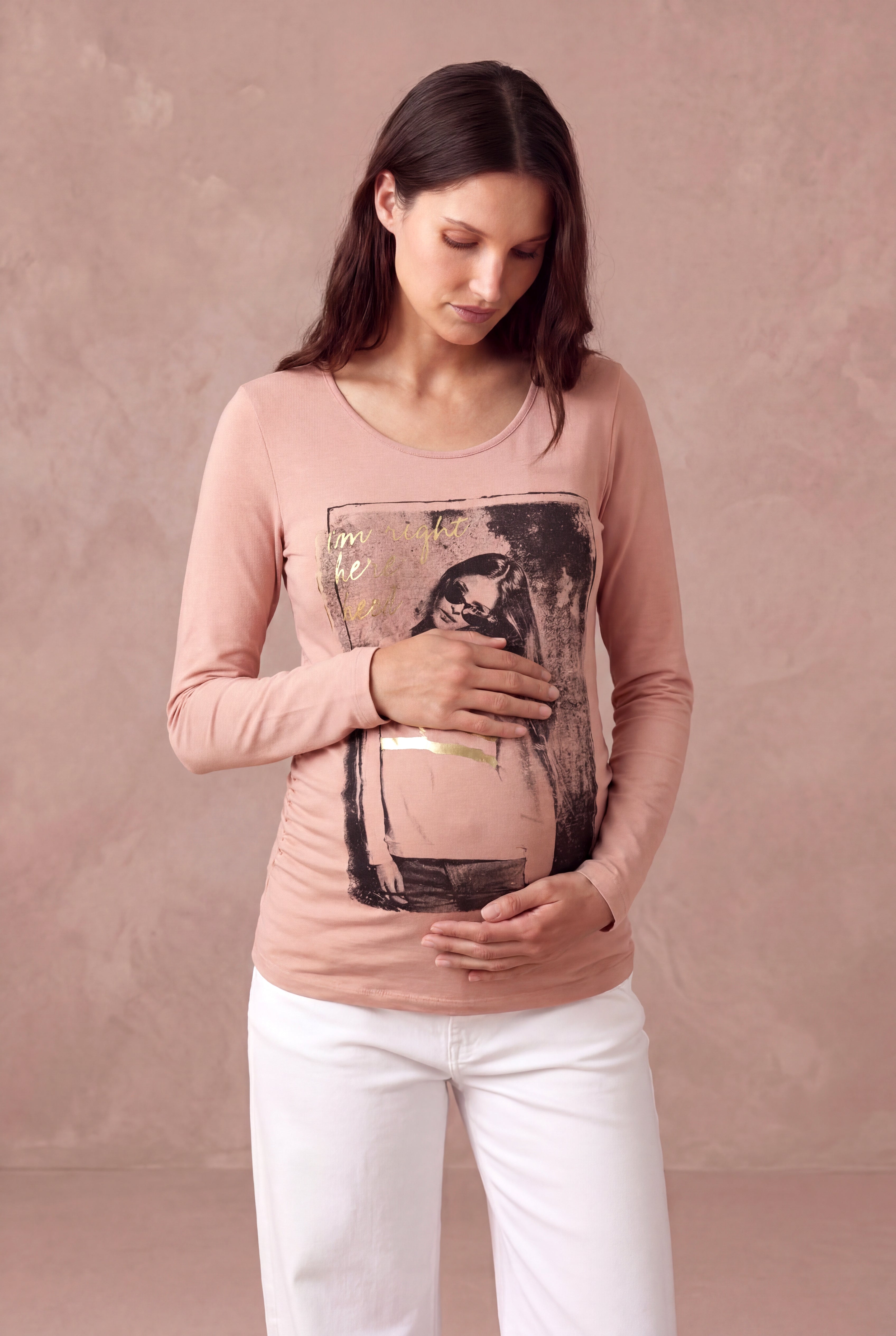 Hamile Gül Kurusu Pamuklu Bisiklet Yaka Uzun Kollu Gold Baskı Detaylı T-Shirt CHARLEE