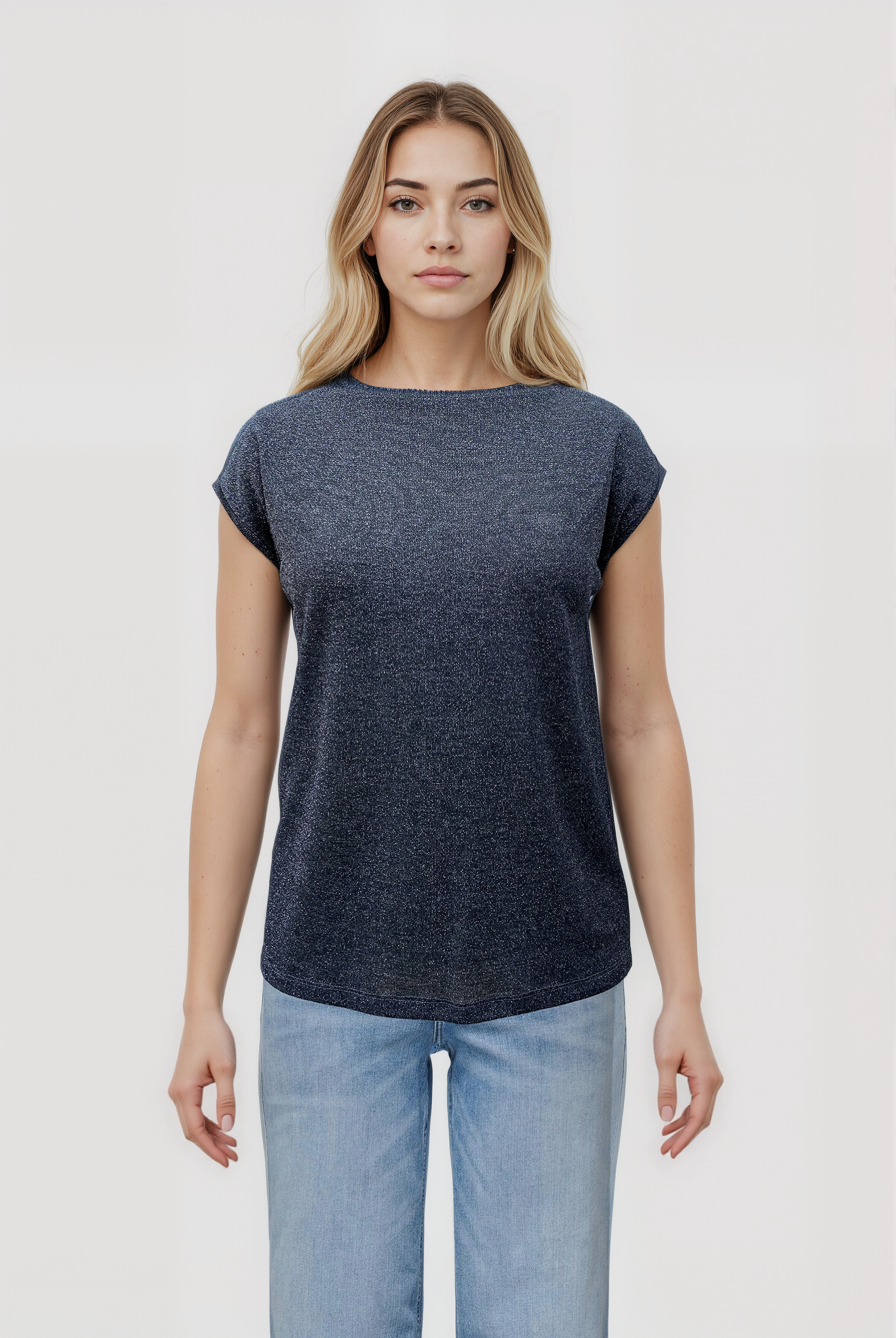 Siyah Gri Bisiklet Yaka Simli Kısa Kollu Kadın T-Shirt SKY GLITTER S/S TOP - T-Shirt - Westmark London EU(TR) Store Organik Pamuklu Sürdürülebilir Moda