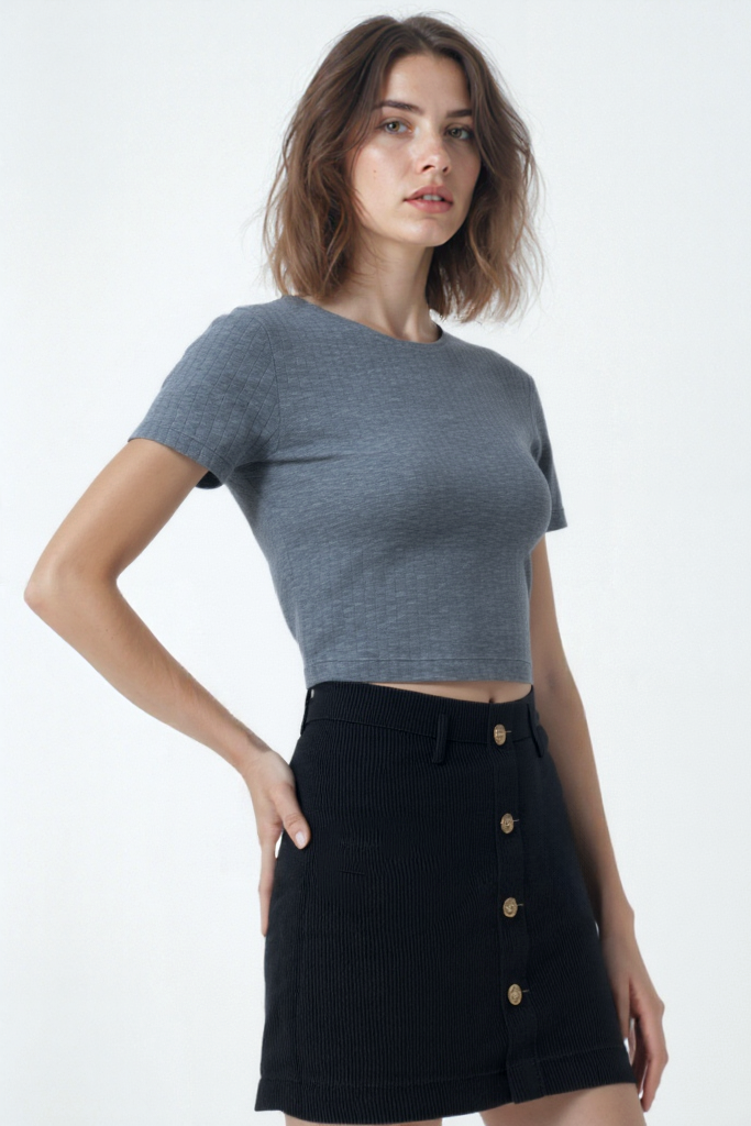 Gri Melanj Çizgili Bisiklet Yaka Kısa Kollu Kadın Crop T-Shirt SANDY S/S TOP