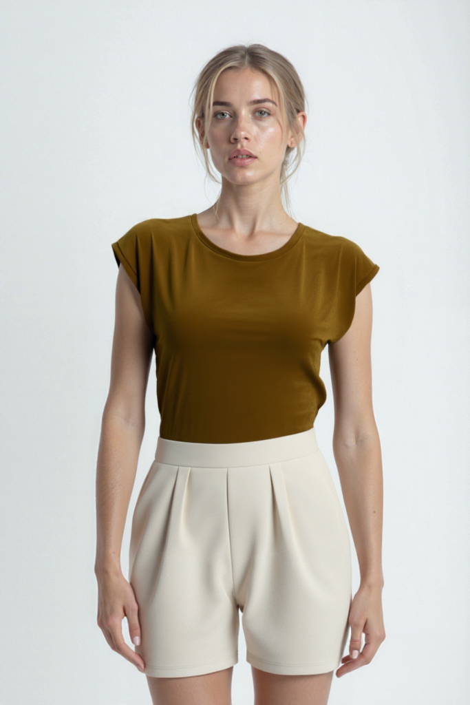 Sütlü Kahve Bisiklet Yaka Pamuklu Kadın Kısa Kollu T-Shirt BETTY O-NECK TOP