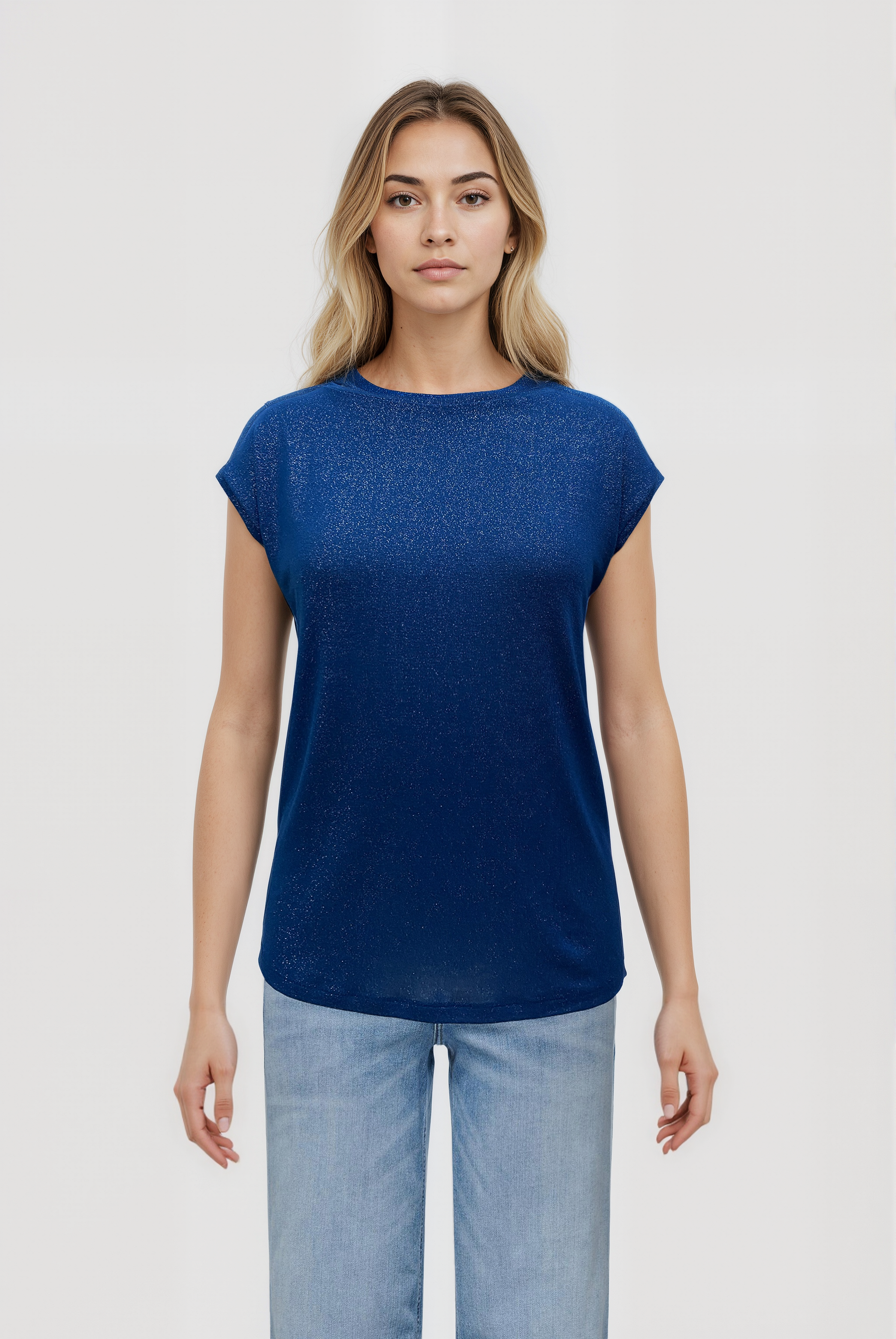 Koyu Mavi Bisiklet Yaka Simli Kısa Kollu Kadın T-Shirt SKY GLITTER S/S TOP - T-Shirt - Westmark London EU(TR) Store Organik Pamuklu Sürdürülebilir Moda