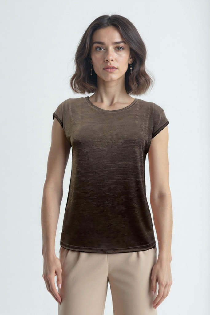 Kahverengi Bisiklet Yaka Pamuklu Kadın Kısa Kollu T-Shirt BETTY O-NECK TOP