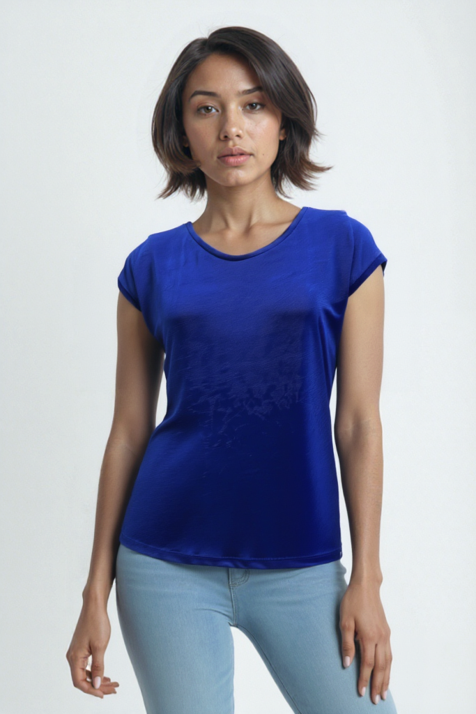 Koyu Mavi Bisiklet Yaka Pamuklu Kadın Kısa Kollu T-Shirt BETTY O-NECK TOP
