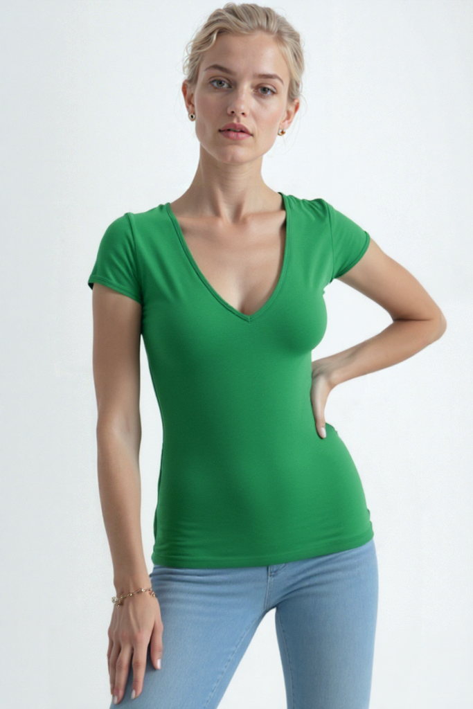 Parlak Yeşil V Yaka Kısa Kollu Kadın T-Shirt VALLI V-NECK S/S TOP