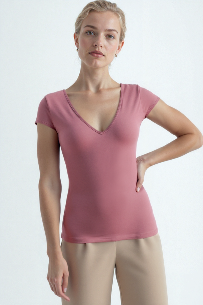 Pembe V Yaka Kısa Kollu Kadın T-Shirt VALLI V-NECK S/S TOP