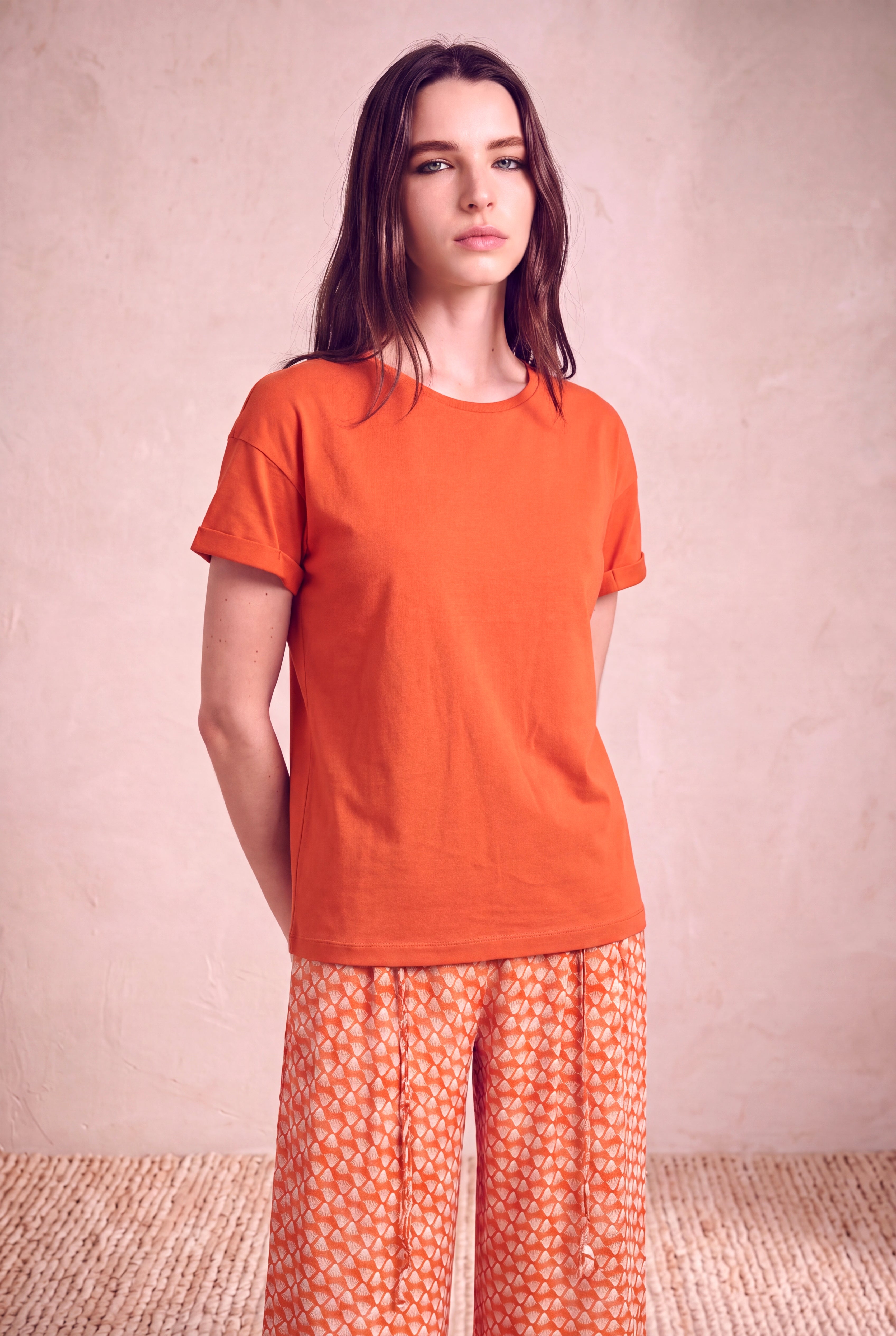 Kadın Modal / Pamuk Turuncu Katlamalı Kısa Kol Detaylı Düşük Omuz Bisiklet Yaka T-Shirt PALMA