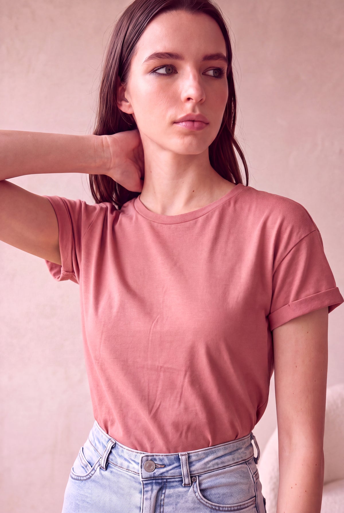 Kadın Modal / Pamuk Gül Rengi Katlamalı Kısa Kol Detaylı Düşük Omuz Bisiklet Yaka T-Shirt PALMA
