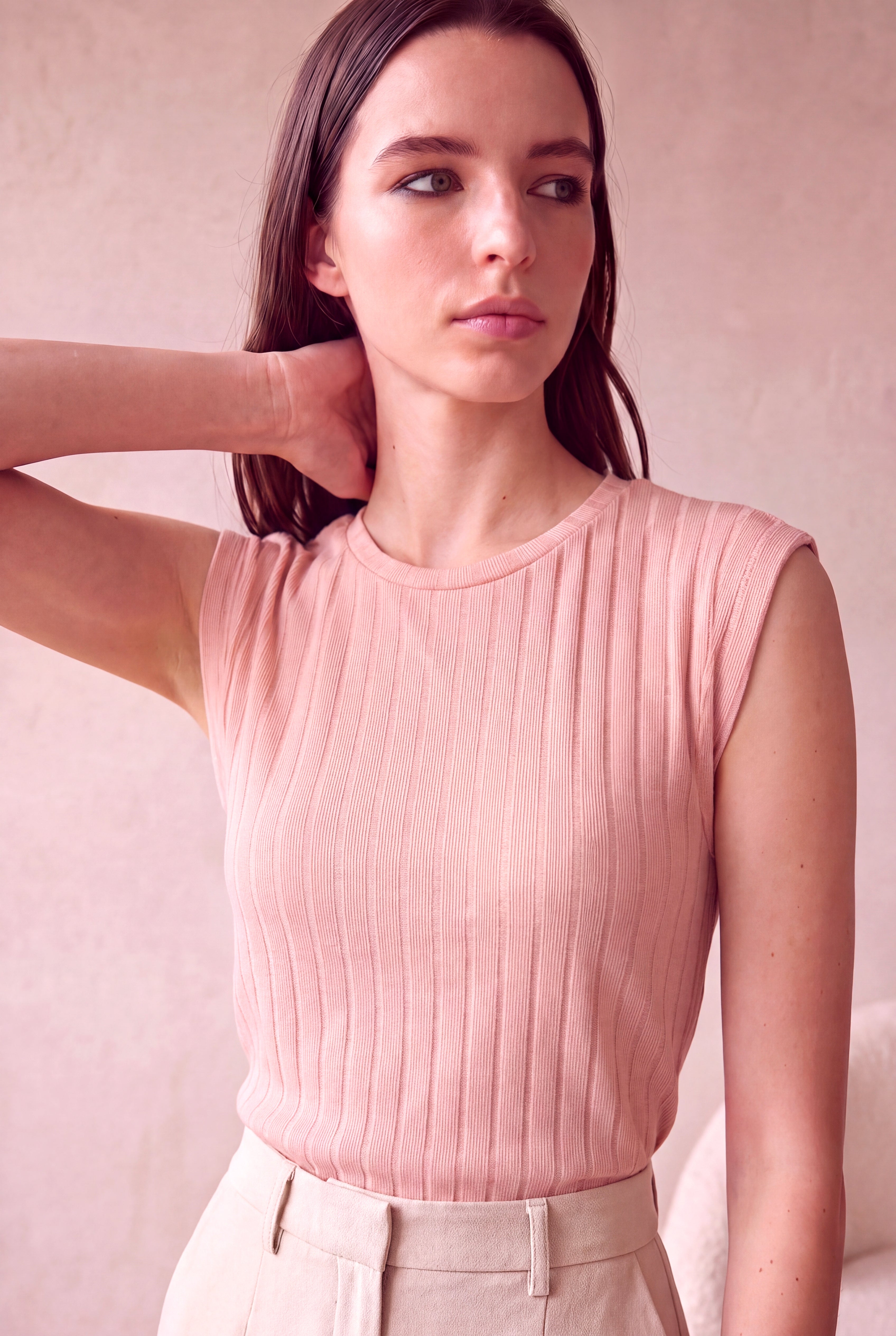 Kadın Viskon Karışımlı Fitilli Dokulu Pembe Kısa Kollu Bisiklet Yaka T-Shirt HEDVIG