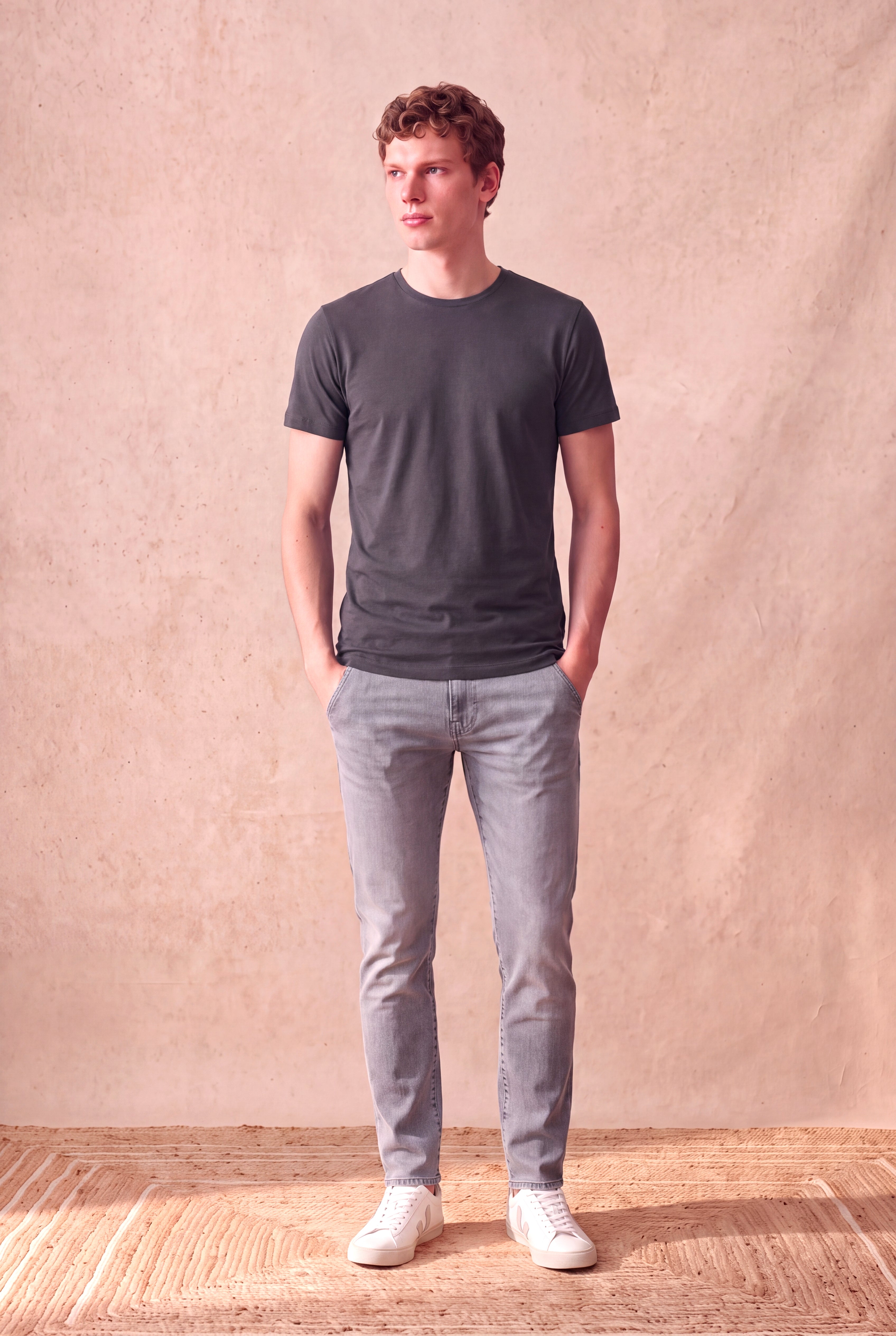 Erkek %100 Pamuk Asfalt Füme Kısa Kollu Bisiklet Yaka Basic T-Shirt OLAV