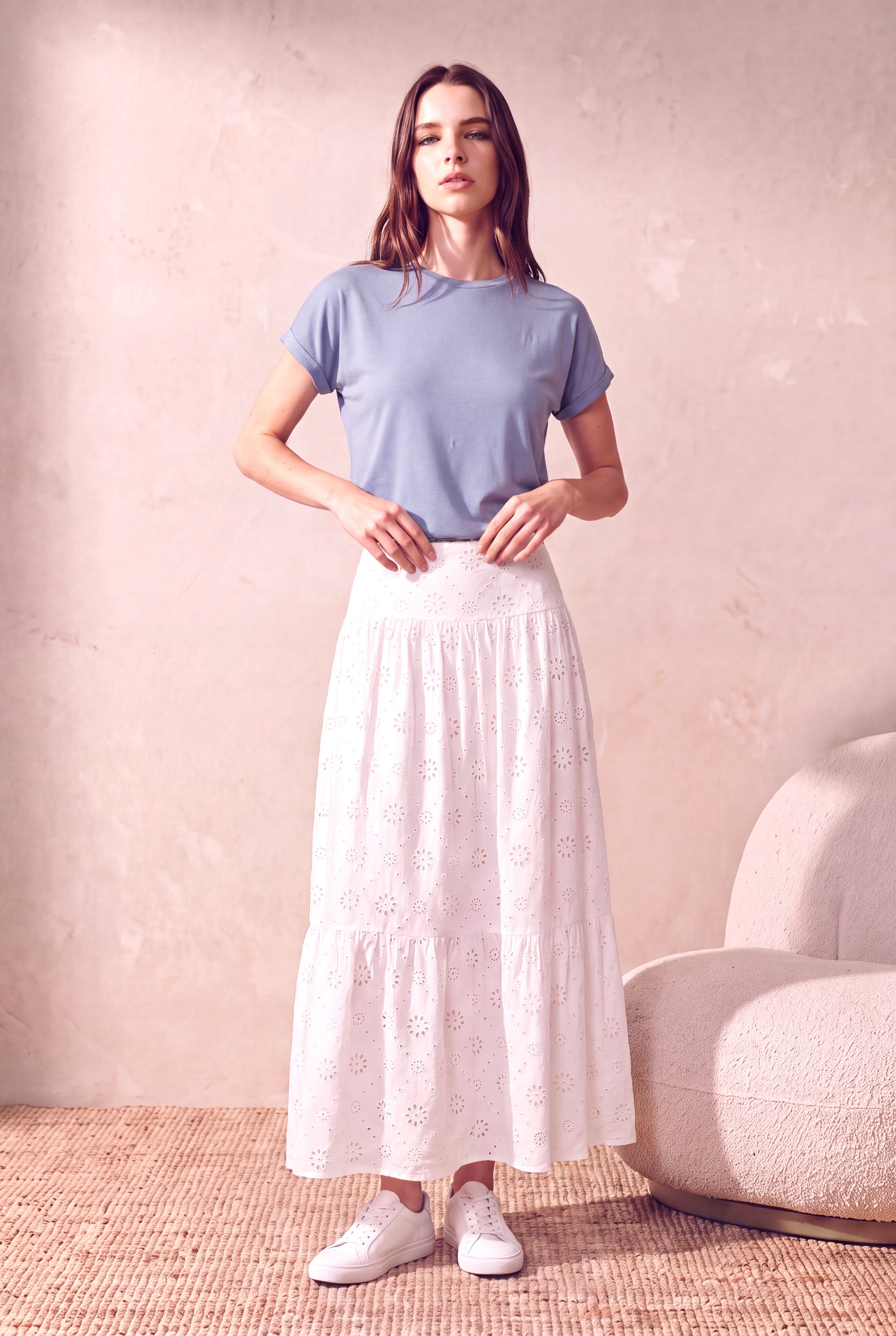 Kadın %100 Modal Buz Mavisi Katlamalı Kısa Kol Bisiklet Yaka Rahat Kesim T-Shirt SILJE