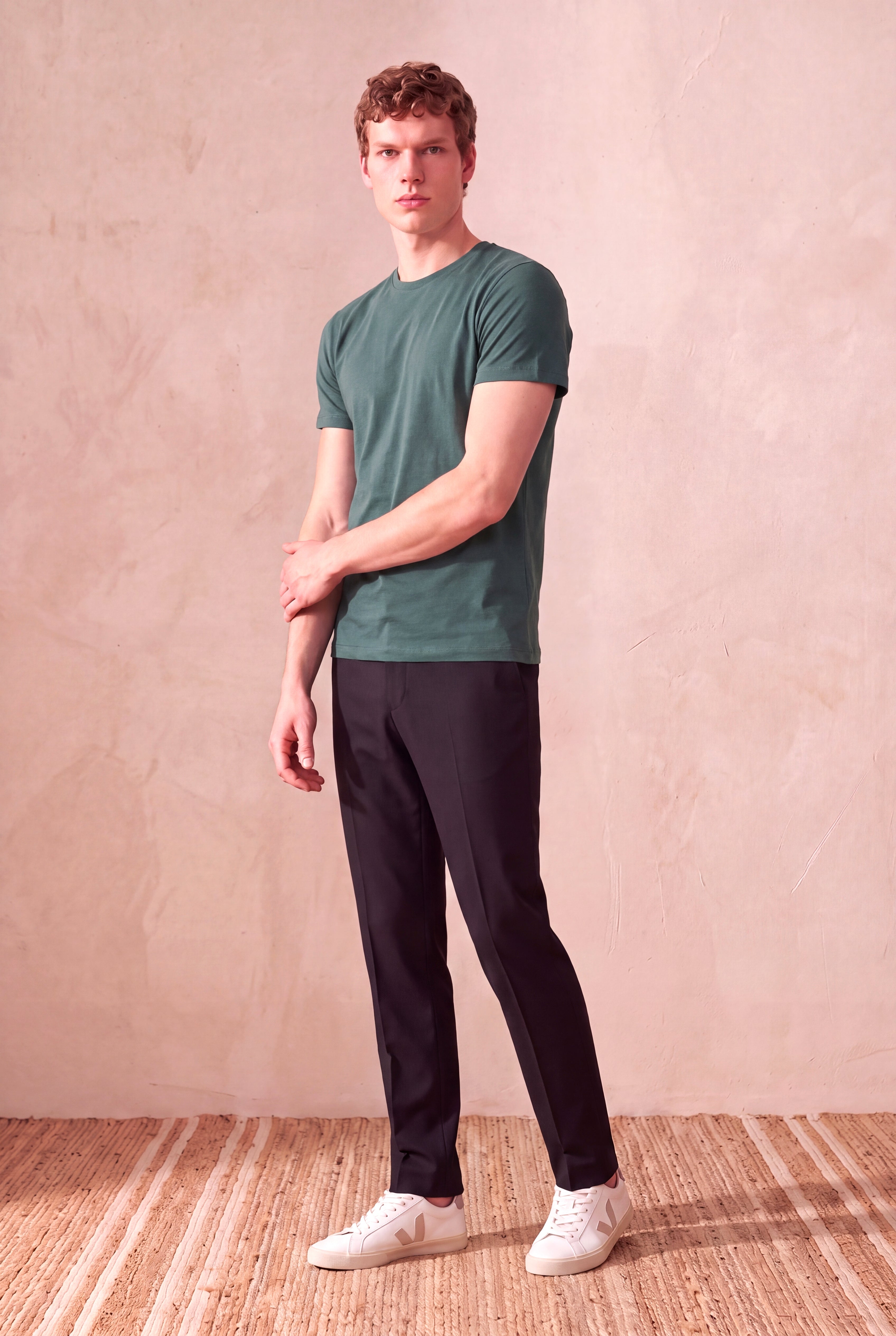 Erkek %100 Pamuk Yeşil Kısa Kollu Bisiklet Yaka Basic T-Shirt OLAV
