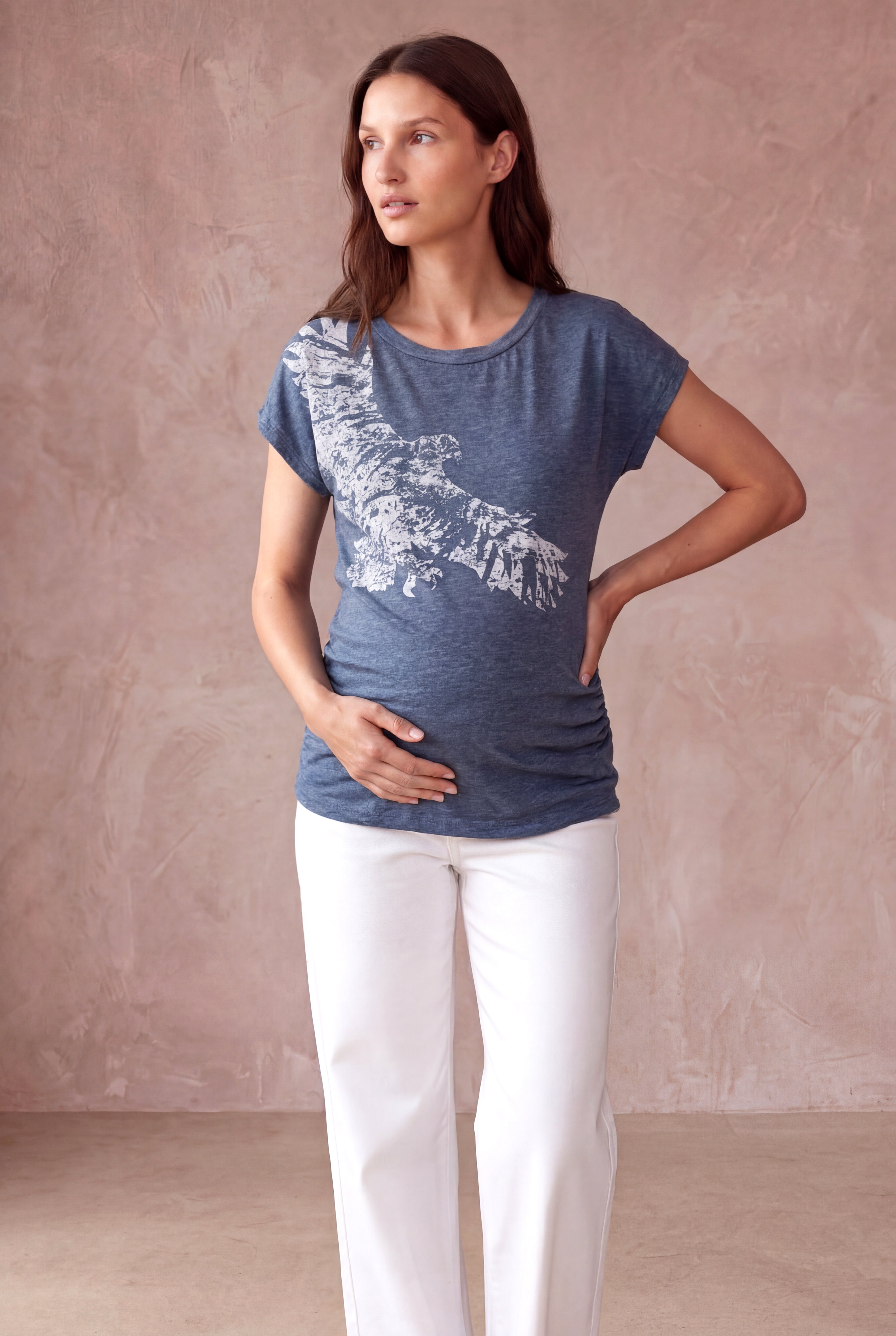 Hamile Pamuklu Mavi Melanj Kısa Kollu Bisiklet Yaka Baskılı T-Shirt WILLA