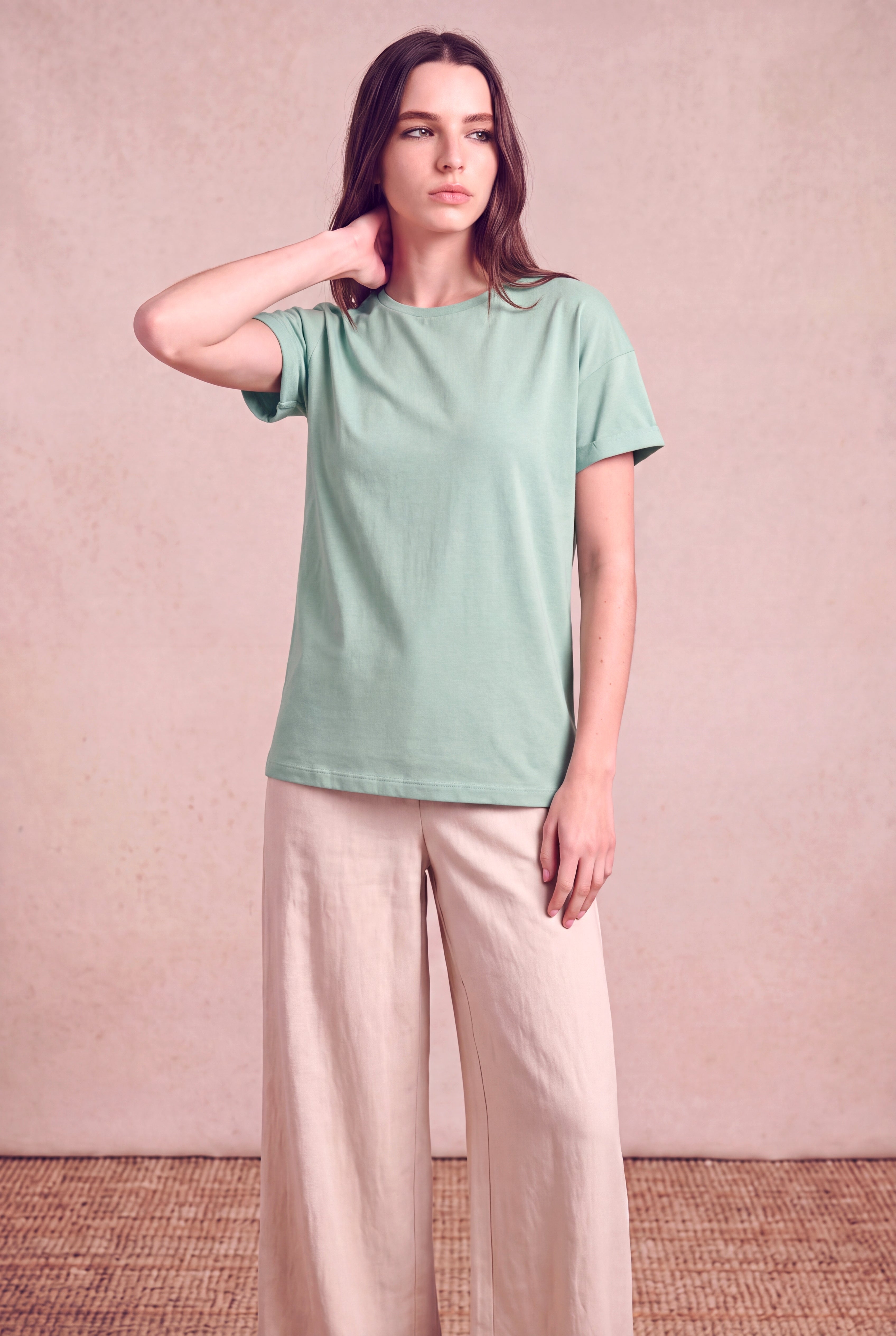 Kadın Modal / Pamuk Yeşil-Gri Katlamalı Kısa Kol Detaylı Düşük Omuz Bisiklet Yaka T-Shirt PALMA