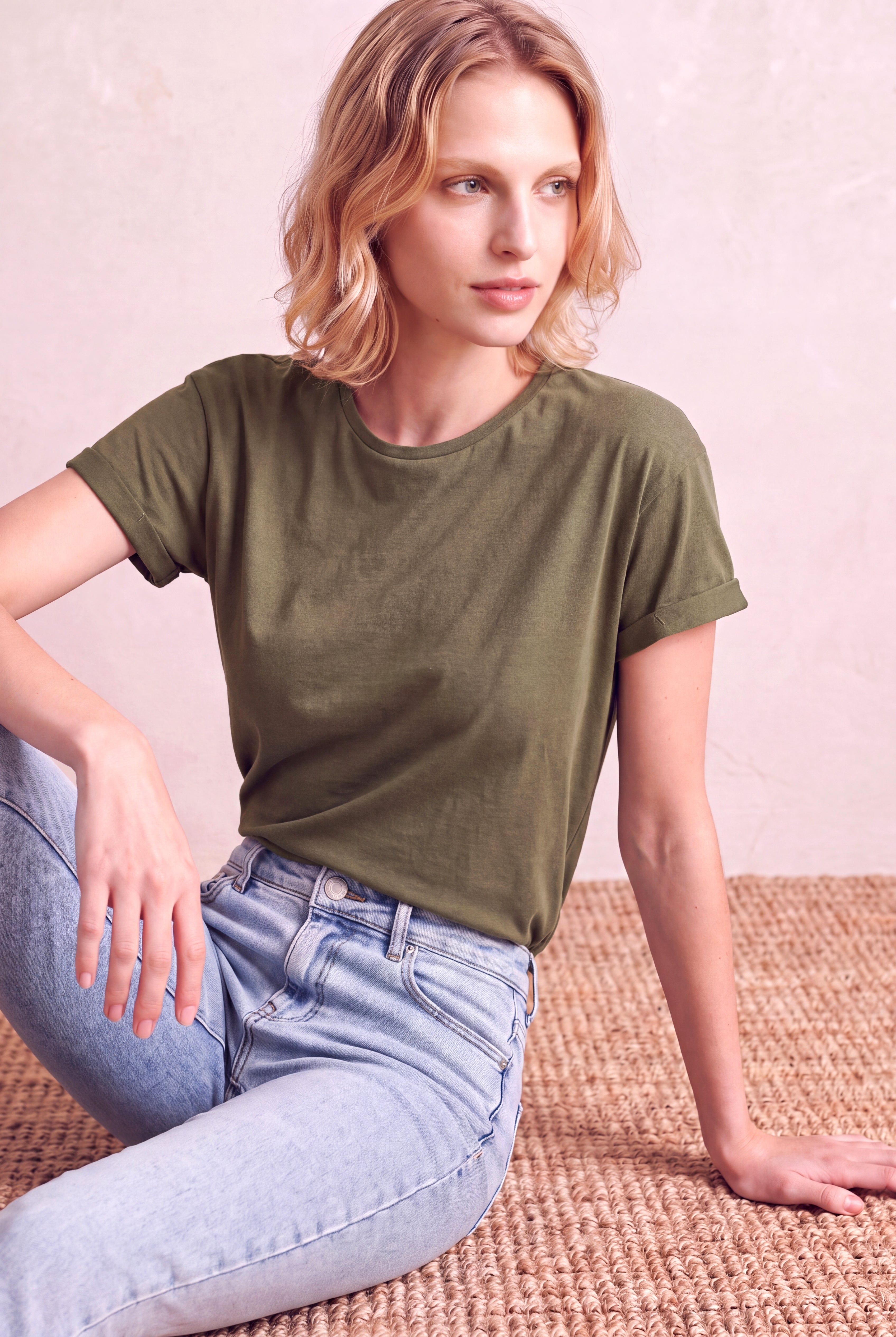 Kadın Modal / Pamuk Haki Katlamalı Kısa Kol Detaylı Düşük Omuz Bisiklet Yaka T-Shirt PALMA