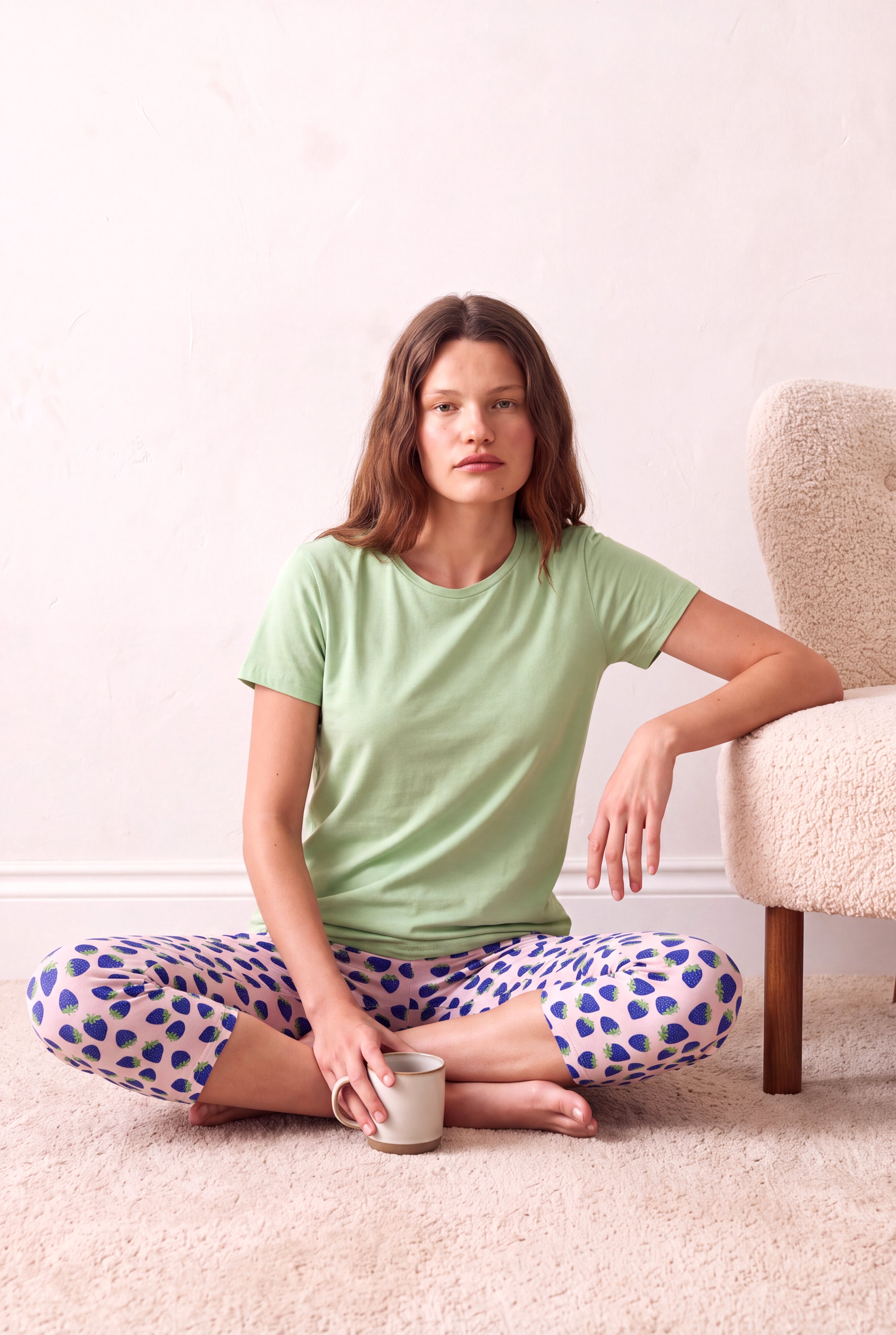 Kadın Pamuklu Pembe Desenli Kısa Kollu Bisiklet Yaka 3/4 Altlı Pijama Takım PJLINA