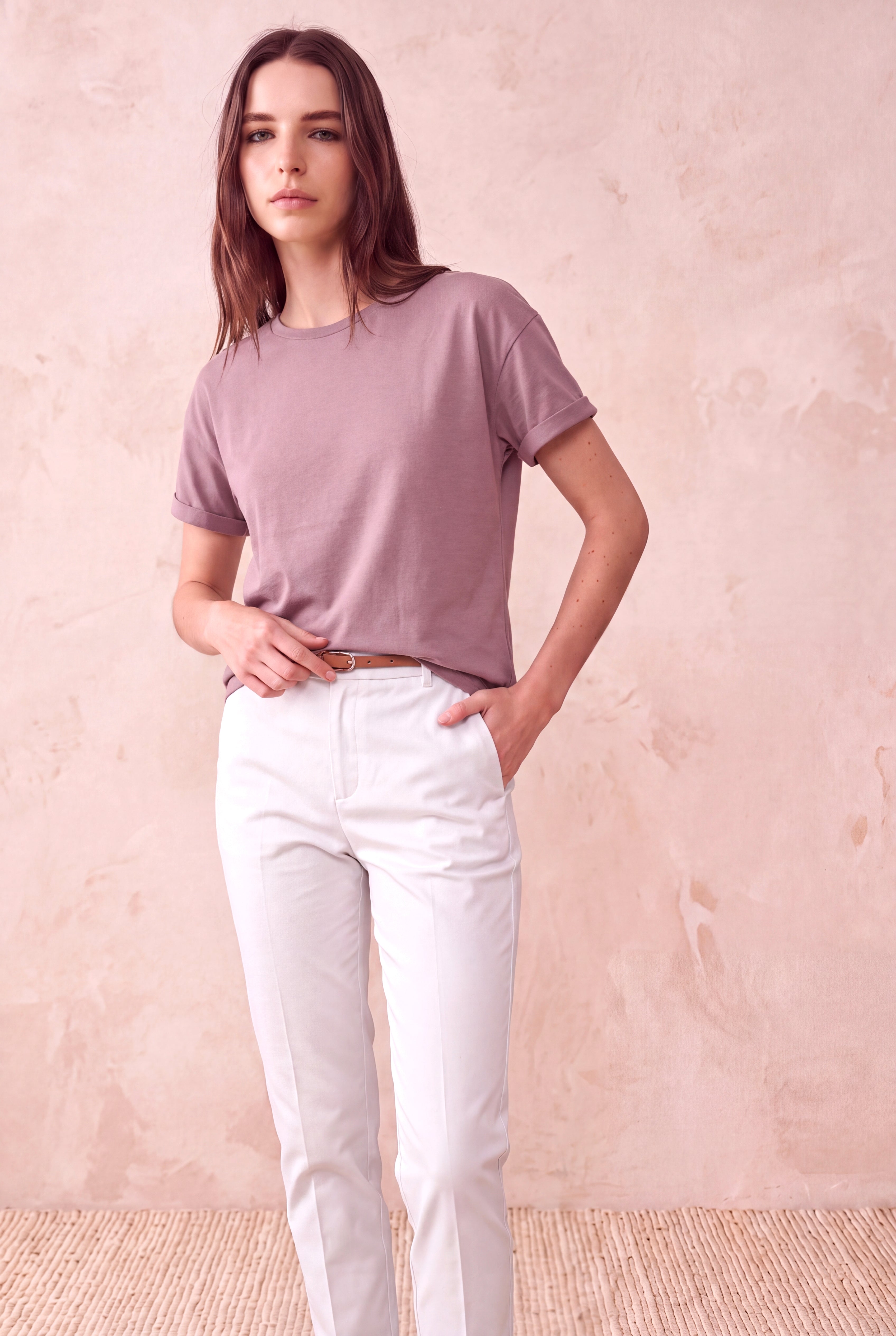Kadın Pamuklu Pembe Katlamalı Kısa Kol Detaylı Düşük Omuz Bisiklet Yaka T-Shirt PALMA