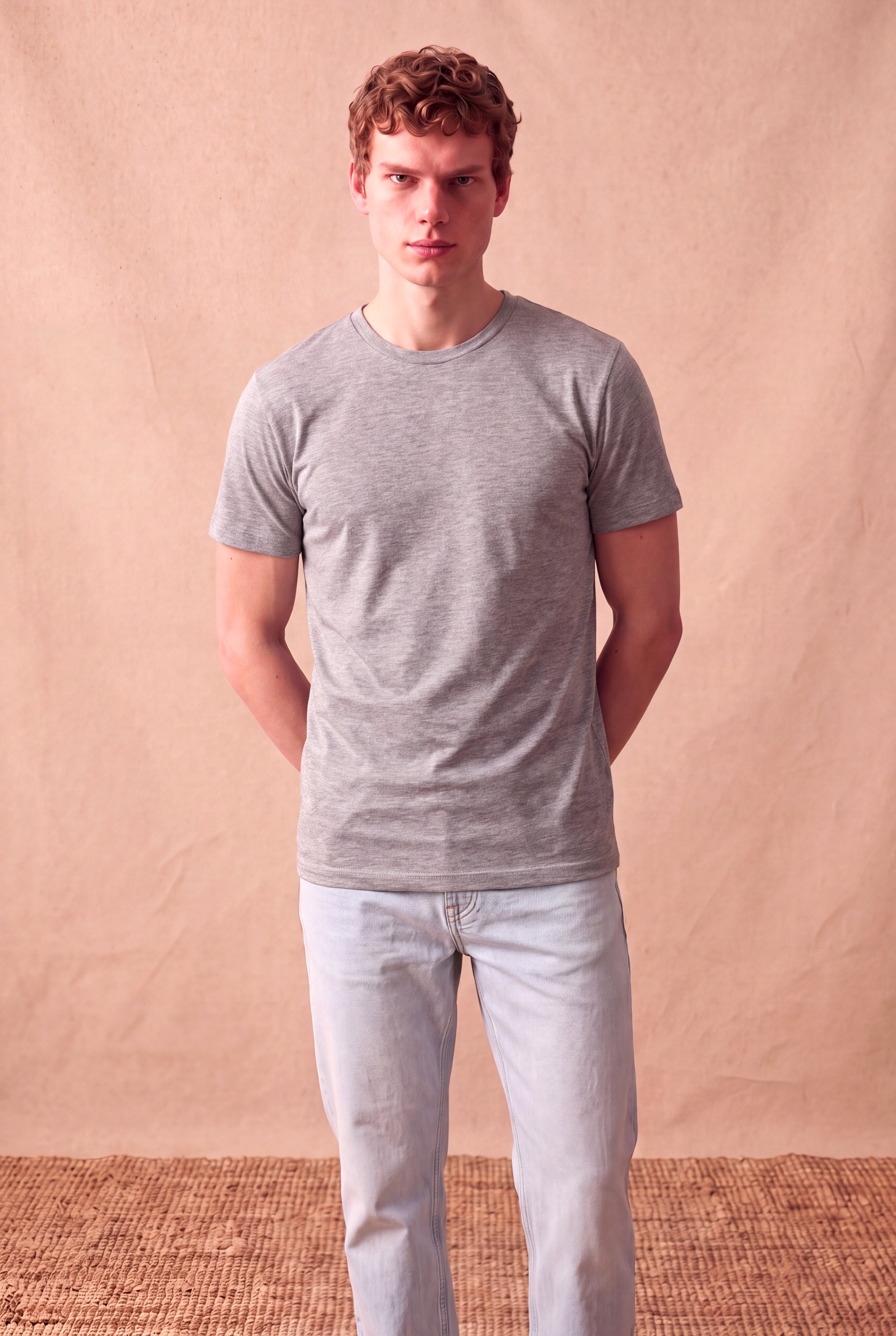Erkek Viskon Karışımlı Açık Gri Kısa Kollu Bisiklet Yaka Basic T-Shirt OLAV