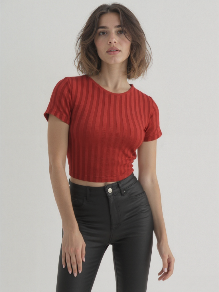 Kırmızı Bisiklet Yaka Kısa Kollu Kadın Crop T-Shirt SANDY S/S TOP
