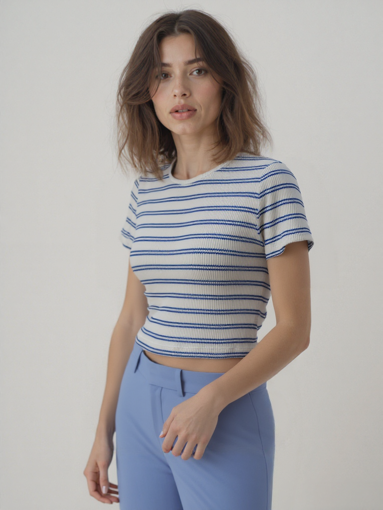 Mavi Beyaz Çizgili Bisiklet Yaka Kısa Kollu Kadın Crop T-Shirt SANDY S/S TOP