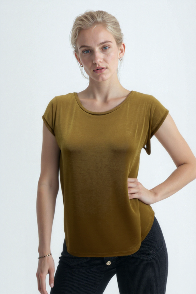 Altın Rengi Bisiklet Yaka Pamuklu Kadın Kısa Kollu T-Shirt BETTY O-NECK TOP