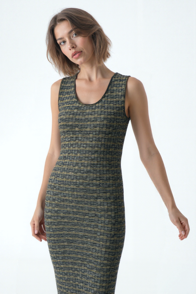 Turuncu Gri Çizgili Kolsuz Polyester Karışımlı Midi Boy Kadın Elbise DAPHNE S/L LONG DRESS