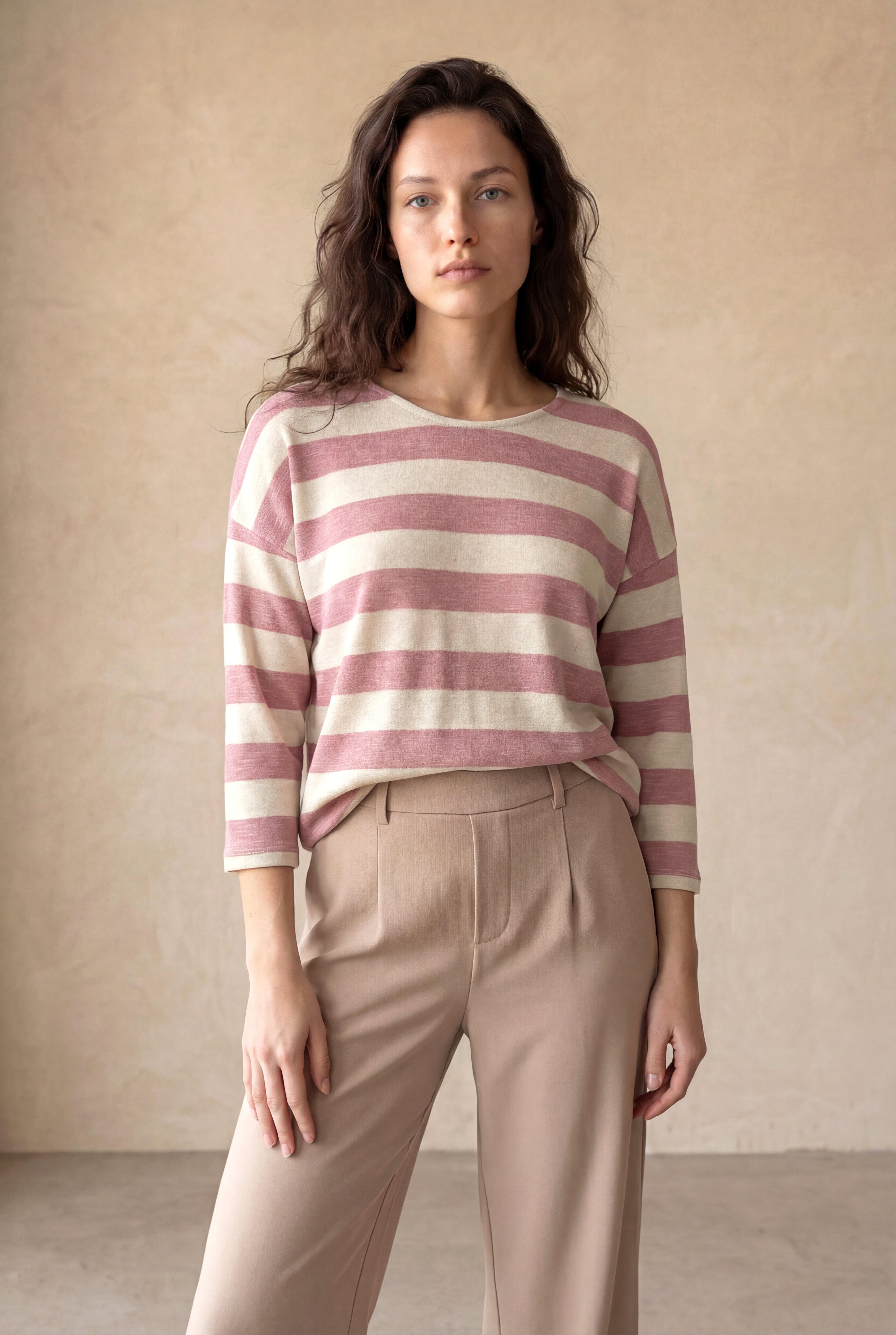 Kadın Relaxed Fit Bisiklet Yaka  Viskon / Elastan Uzun Kol Pembe / Ekru Çizgili Düşük Omuz Bluz WILDA - Sweatshirt - Westmark London EU(TR) Store Organik Pamuklu Sürdürülebilir Moda