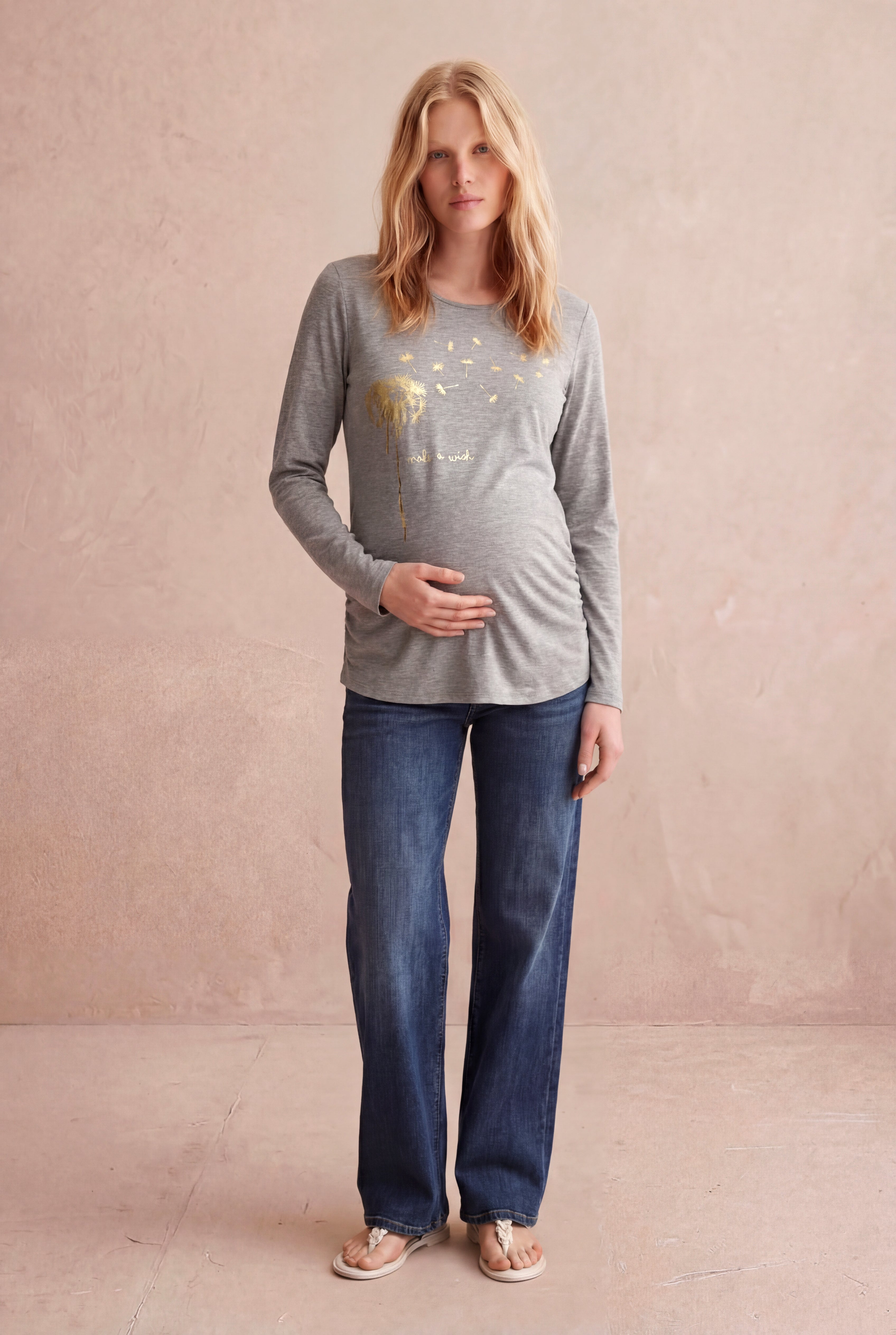 Hamile Açık Gri Melanj Pamuklu Bisiklet Yaka Uzun Kollu Gold Baskı Detaylı T-Shirt DAISY