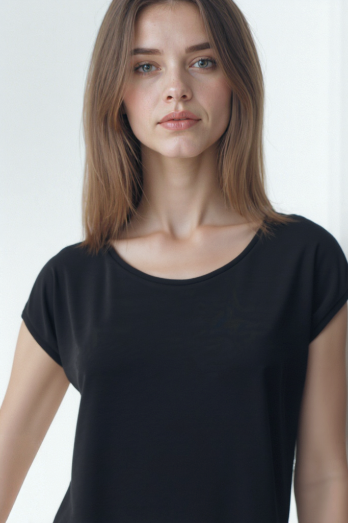 Siyah Bisiklet Yaka Pamuklu Kadın Kısa Kollu T-Shirt BETTY O-NECK TOP
