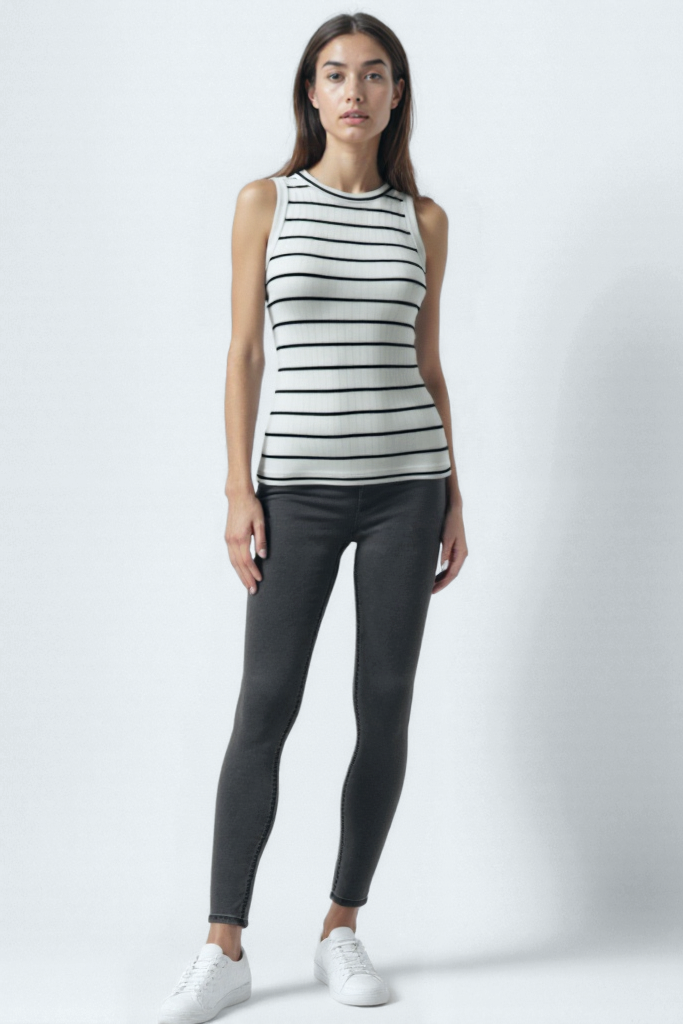 Siyah Beyaz Çizgili Bisiklet Yaka Kolsuz Kadın T-Shirt POPPY TOP - Tops - Westmark London EU(TR) Store Organik Pamuklu Sürdürülebilir Moda